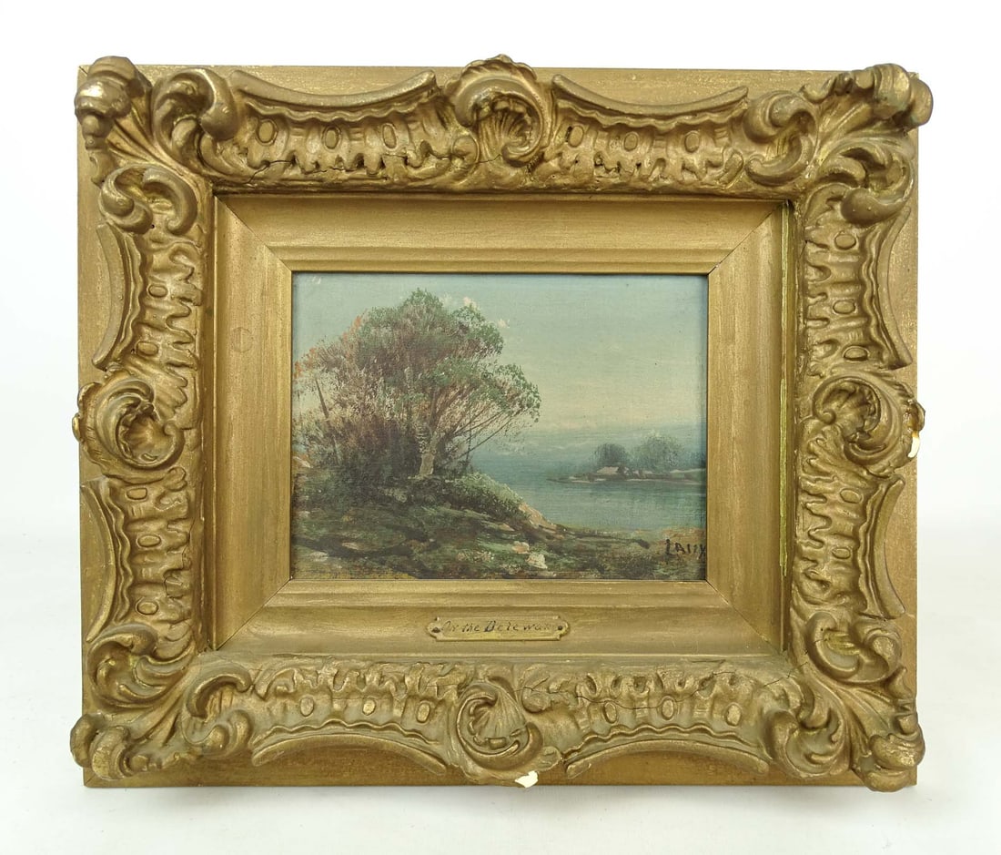 Attributed to: August Laux (1853-1921): Painting: Attributed to August Laux (1853-1921), landscape, oil on canvas. 6 1/2" x 8", overall 12 1/2" x 14 1/2".