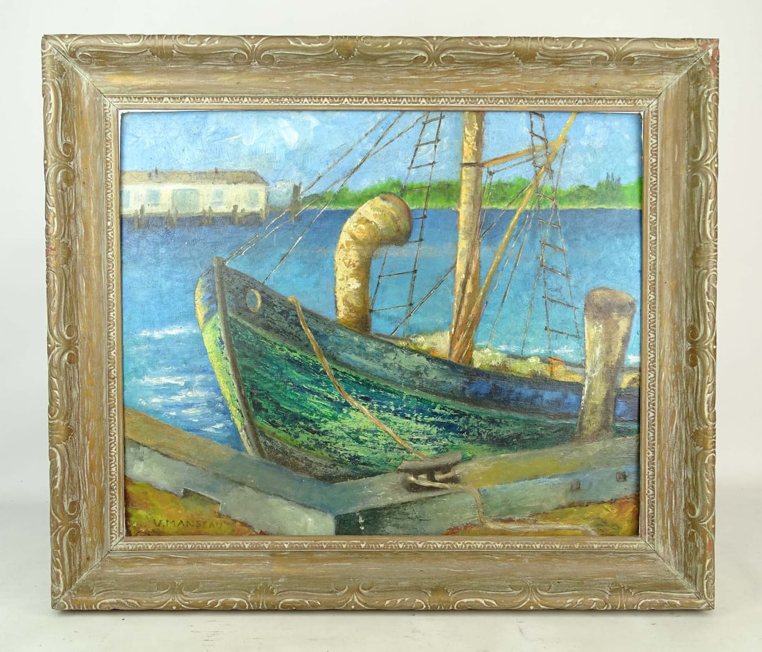 Painting: Dock with Boat signed "V. MANSEAU": Painting: Dock with Boat signed "V. MANSEAU", oil on canvas board. 19 1/2" x 24", overall 26" x 30 1/2".