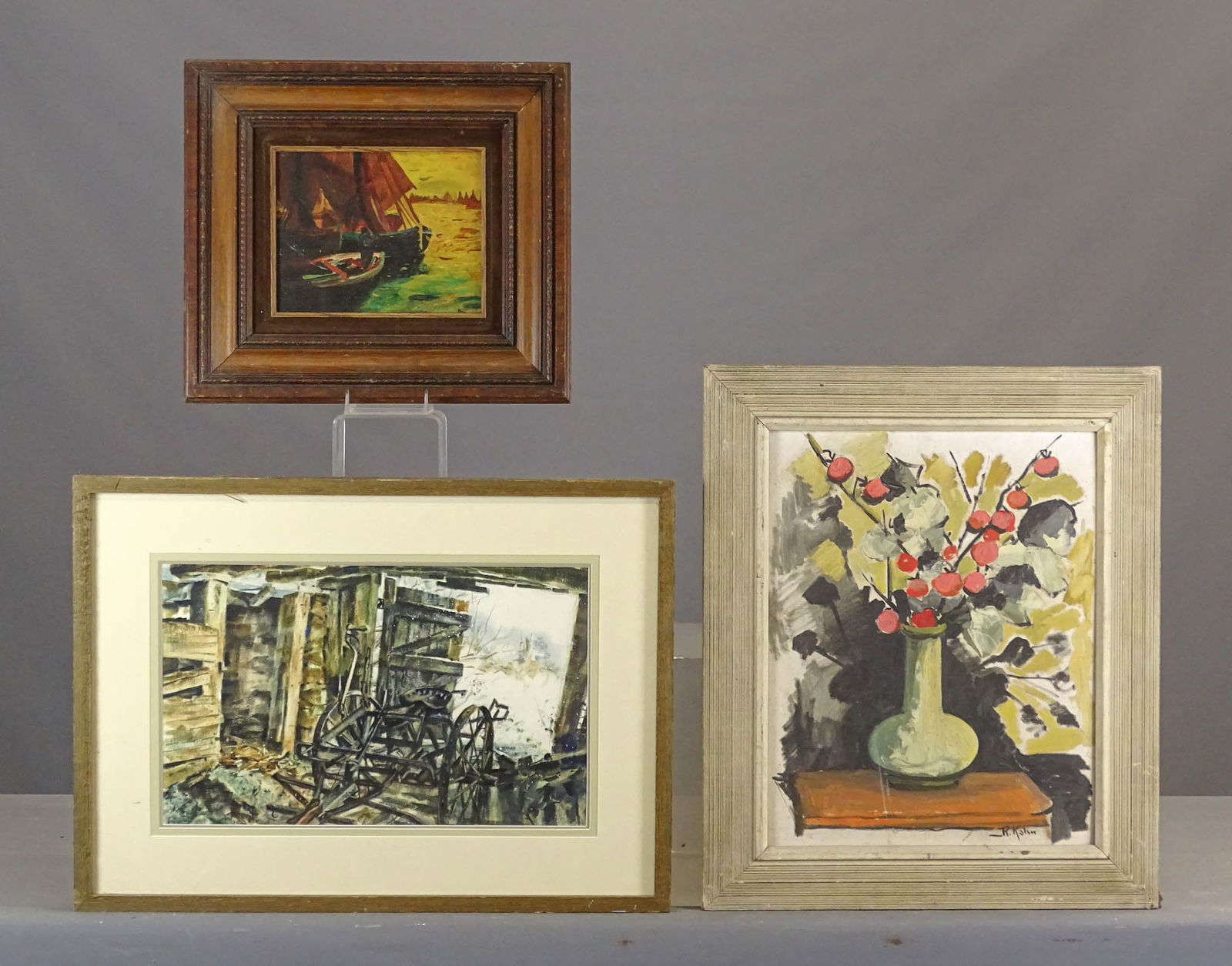 Artwork Lot: Artwork lot including: R. Kohn, still life, oil on panel (overall 25 1/2" x 22"), harborscape, oil on artist board, signed (overall 16" x 18"), watercolor, interior of barn (overall 20" x 27 1/2").