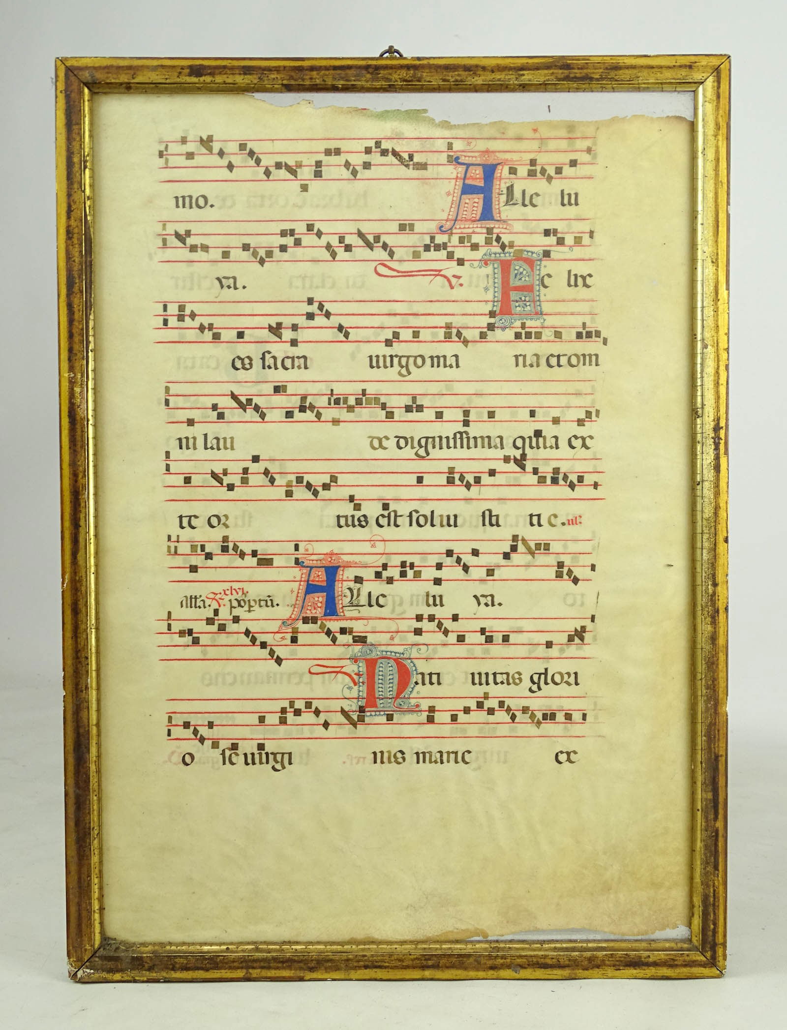 Illuminated Manuscript: Antique illuminated manuscript (Antiphonary). Framed two sided. Overall in frame 19 1/2" x 14".