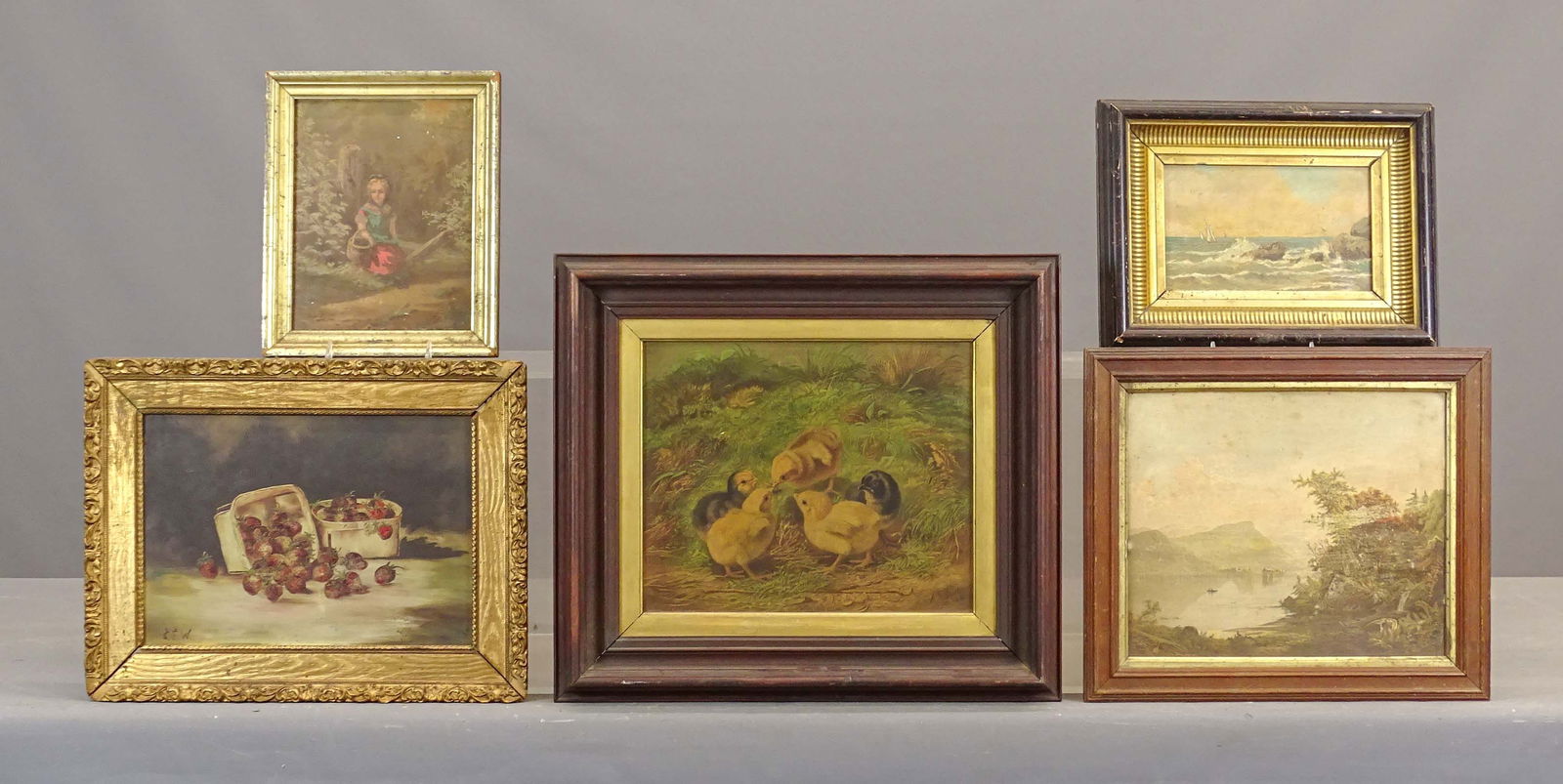 Antique Chromolithographs: Lot (5) antique chromolithographs: "OFF NEWPORT" (overall 10" x 13"), Lake George (overall 13" x 15"), "CHICKENS. I." (Prang, overall 16 1/2" x 18 1/2"), strawberries (overall 12" x 16"), "Rest of