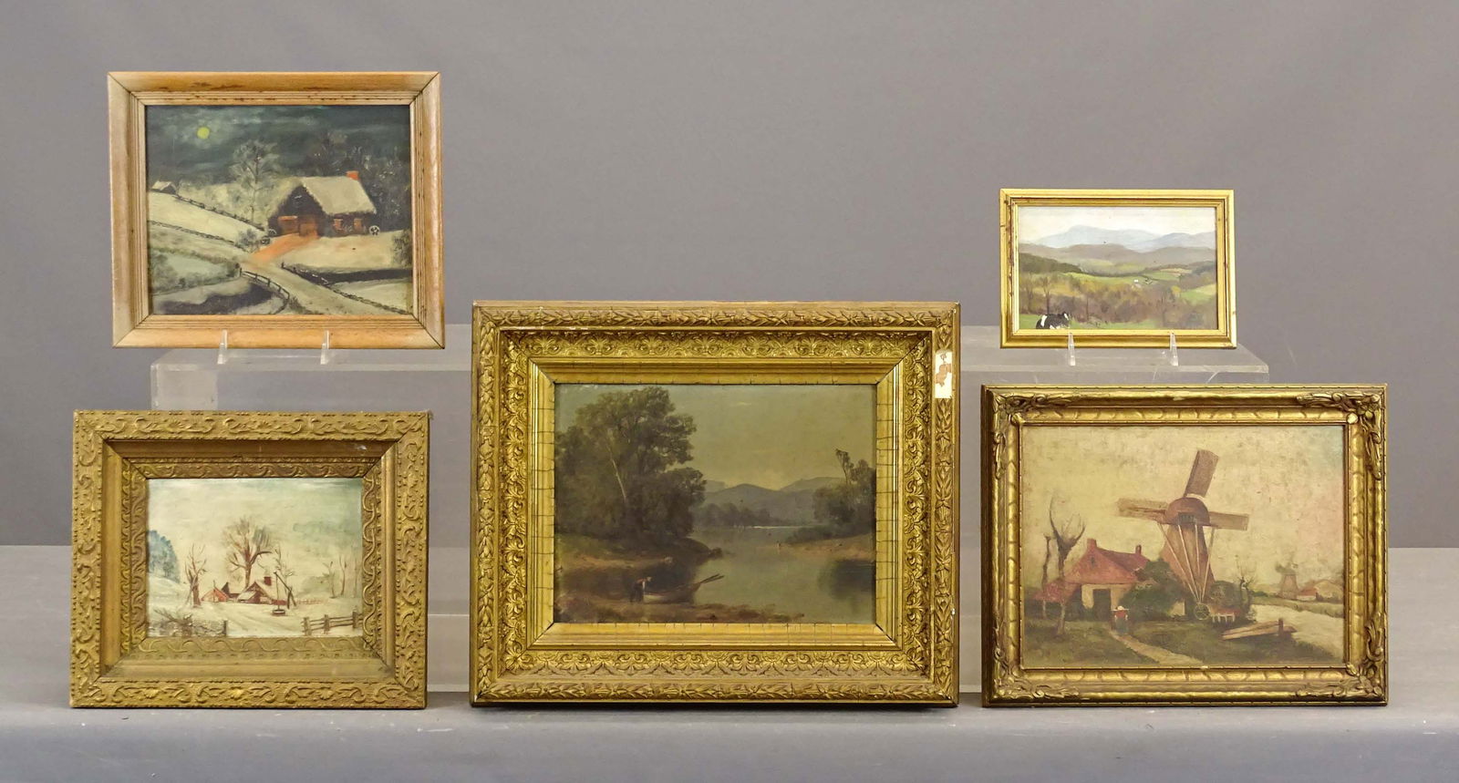 Artwork Lot: Artwork lot including: primitive landscape with house (oil on panel, painted both sides, overall 10" x 12"), Dutch landscape signed A. Anderson (oil on panel, overall 11 1/2" x 14"), winter landscape