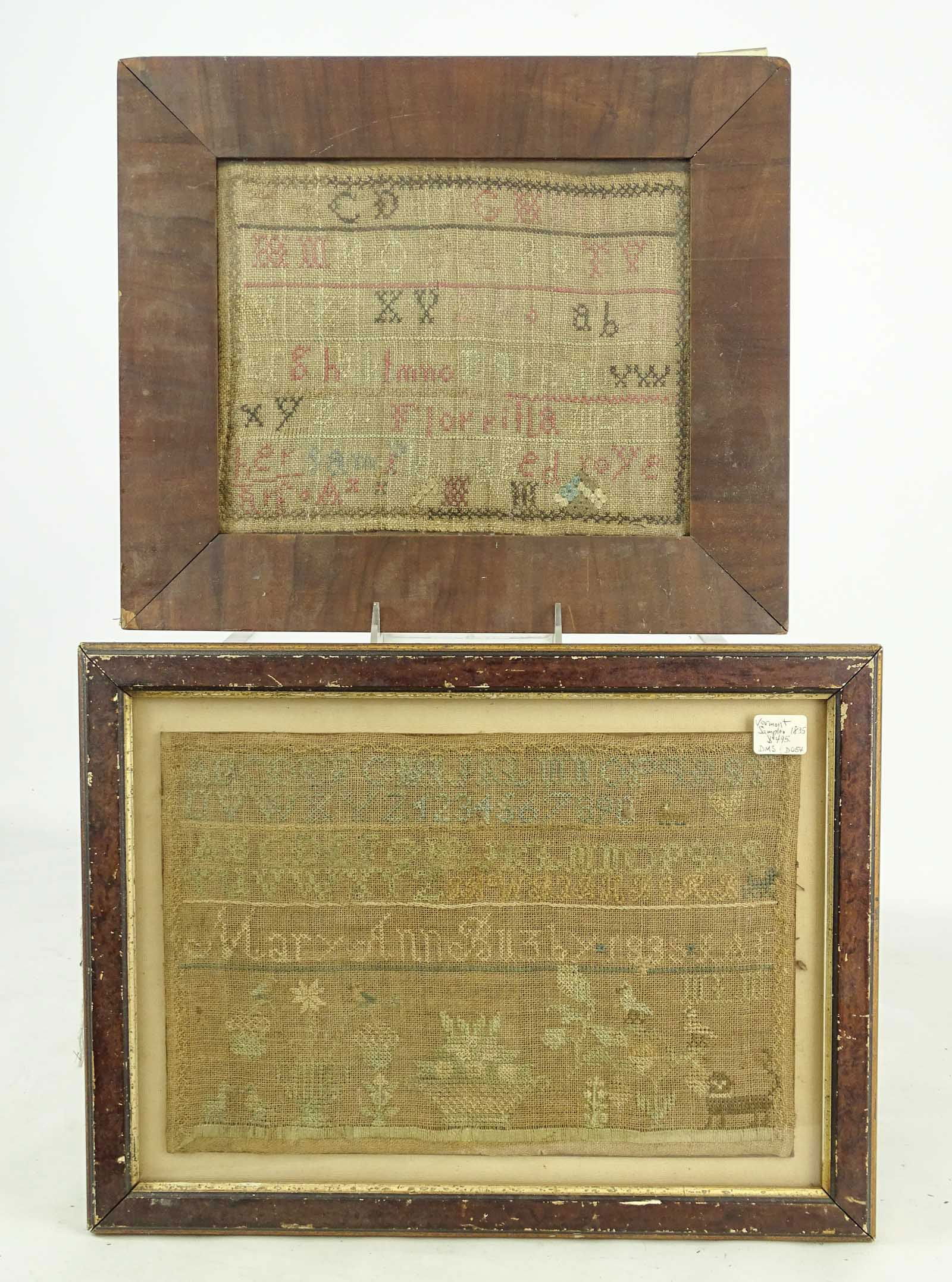 19th c. Needlework Samplers: Lot (2) 19th c. needlework samplers: Mary Ann Buzby 1839 (overall in frame 11 1/2" x 15 1/2"), Florilla Merrill / her sampler aged 10 years (overall 12" x 13 1/2").