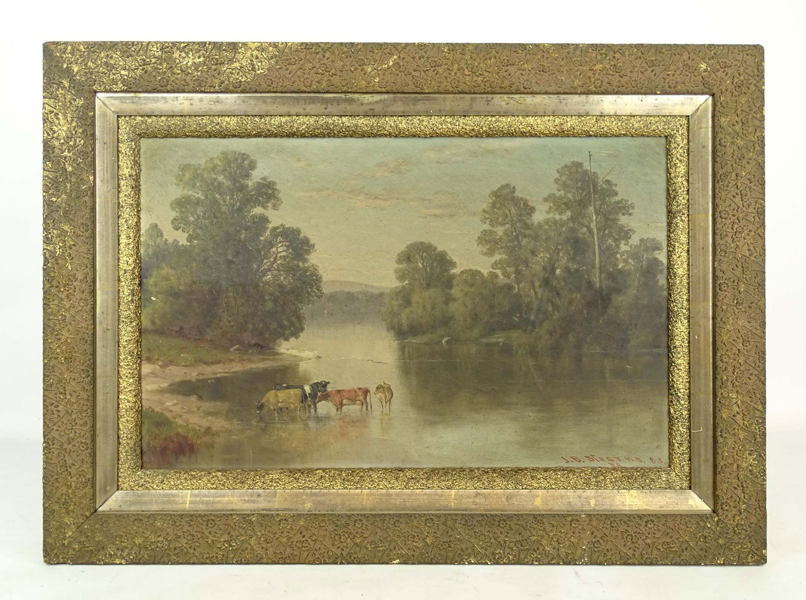 Junius Brutus Stearns (1810-1885): Painting: Junius Brutus Stearns (1810-1885), landscape with cows, oil on canvas. 5" tear in canvas. 14" x 22 1/2", overall 21" x 29".