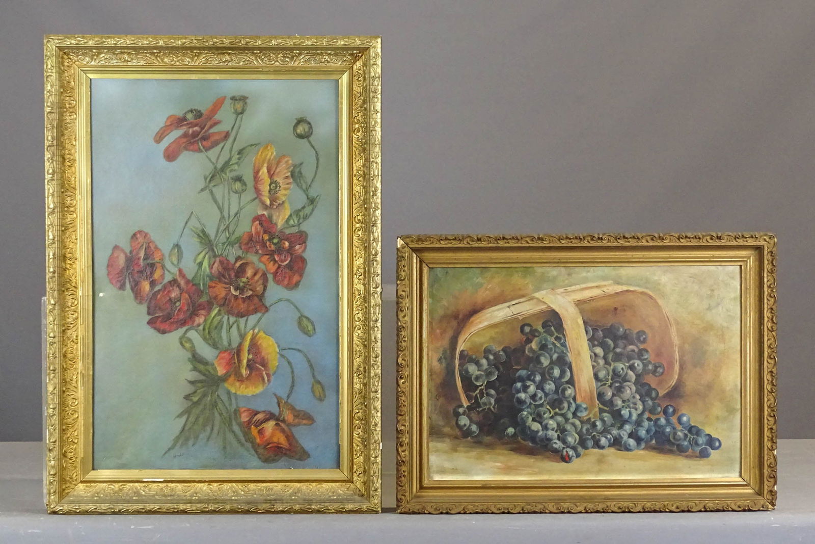 Artwork Lot: Artwork lot including: Still life with grapes (overall 15 1/2" x 21"), floral subject (oil on canvas, overall 26 1/2" x 18").