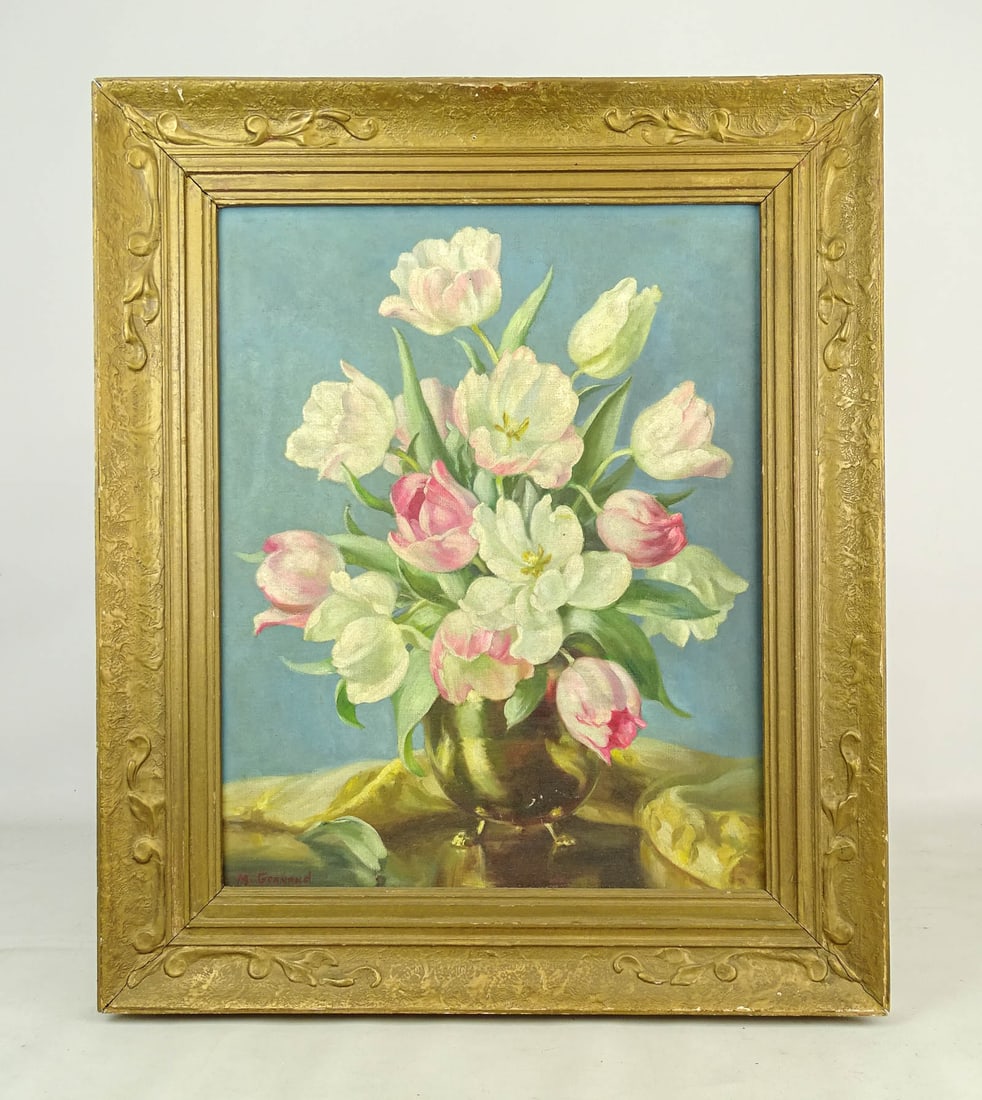 Muriel Gernand (1902-1955): Painting: Muriel Gernand (1902-1955), still life with flowers, oil on canvas. 20" x 16", overall 26 1/2" x 22 1/2".