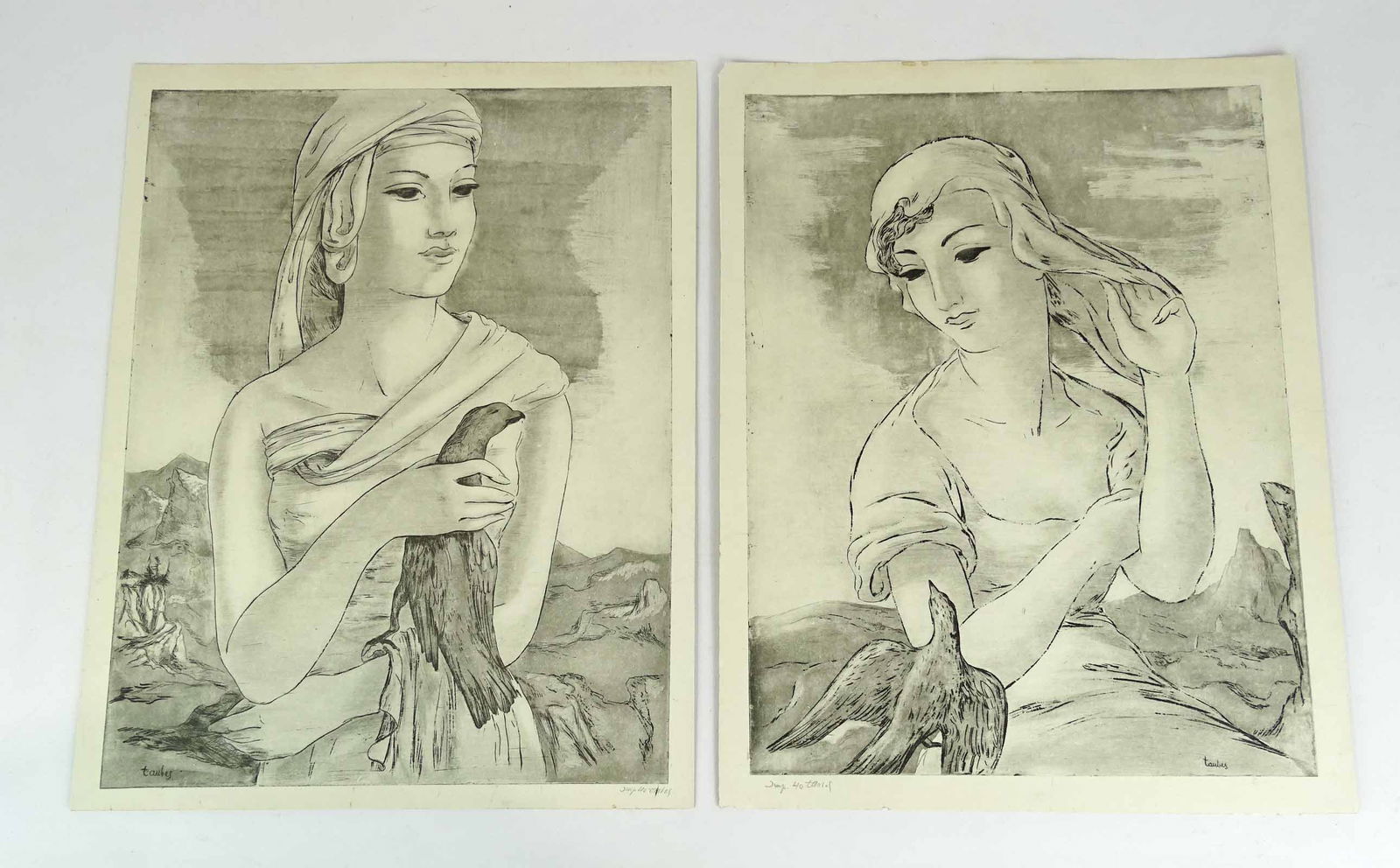 Woman with Dove Print Pair: Frederick Taubes (1900-81) (artist and etcher). Woman with Dove. Pair of etchings. Signed in pencil and numbered in lower margin: Imp. 50 Taubes. 17" x 13 1/2".