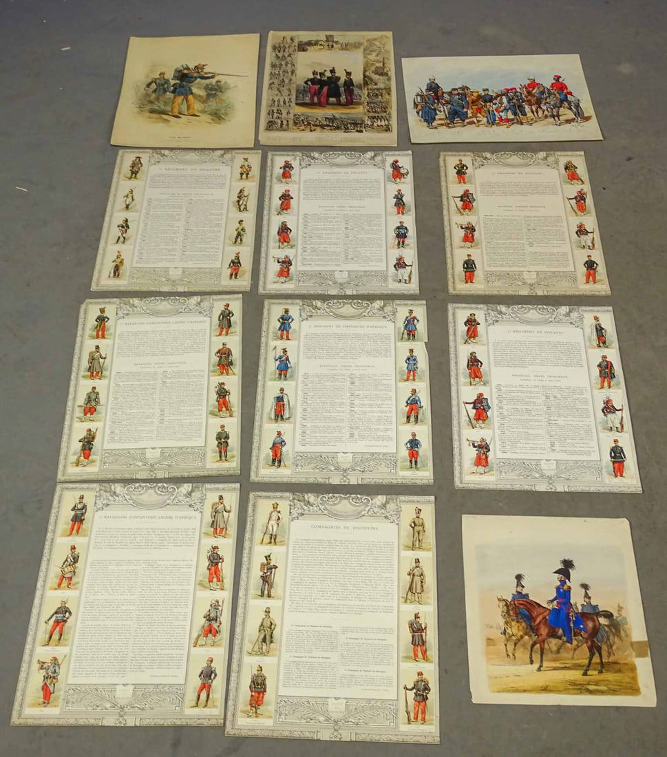 Military Costume Print Lot: Various antique and vintage prints, including French military dress. Condition varies.16" x 12".