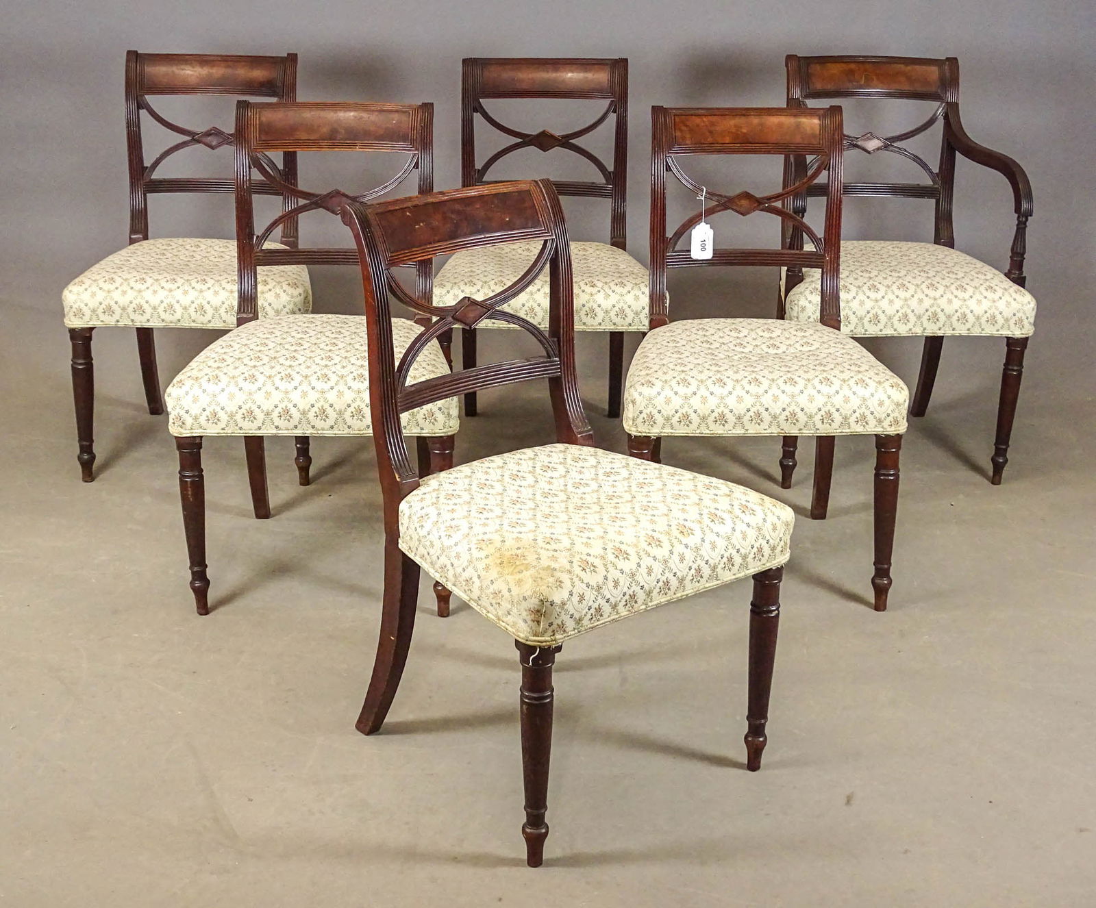 Set Klismos Chairs: Set (6) Klismos chairs, New York C. 1810 (arm chair needs restoration). 17 1/2" seat Ht, 33 1/2" Ht.