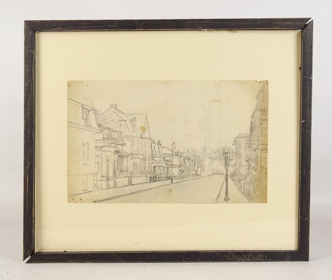 Edmund Quincy Graphite Drawing: Edmund Quincy graphite drawing of buildings. Overall in frame 17" x 19 1/2". Frame as is.