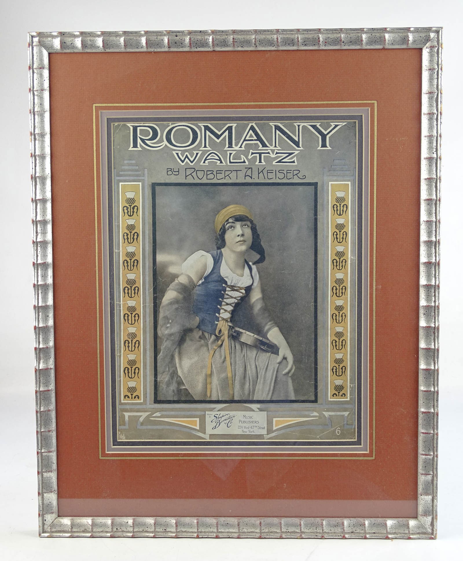 Vintage Framed Sheet Music Cover: Vintage framed sheet music cover "ROMANY WALTZ / BY ROBERT A. KEISER". Overall in frame 21" x 16 3/4".