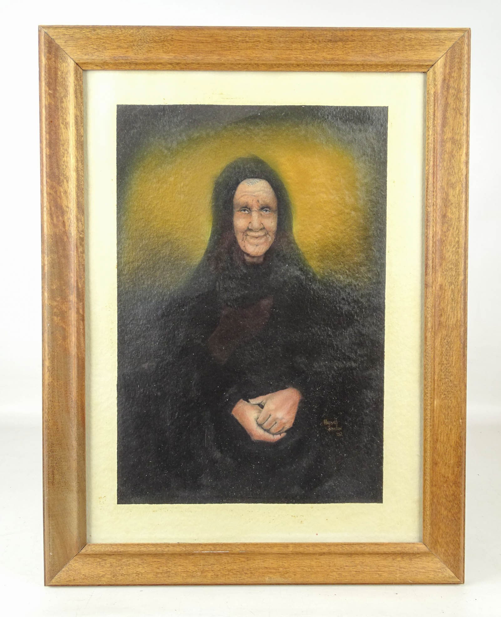 Portrait of St. Frances Xavier: Portrait of St. Frances Xavier (Mother Cabrini), signed Harvey Johnson '82. Frame 21" x 16".