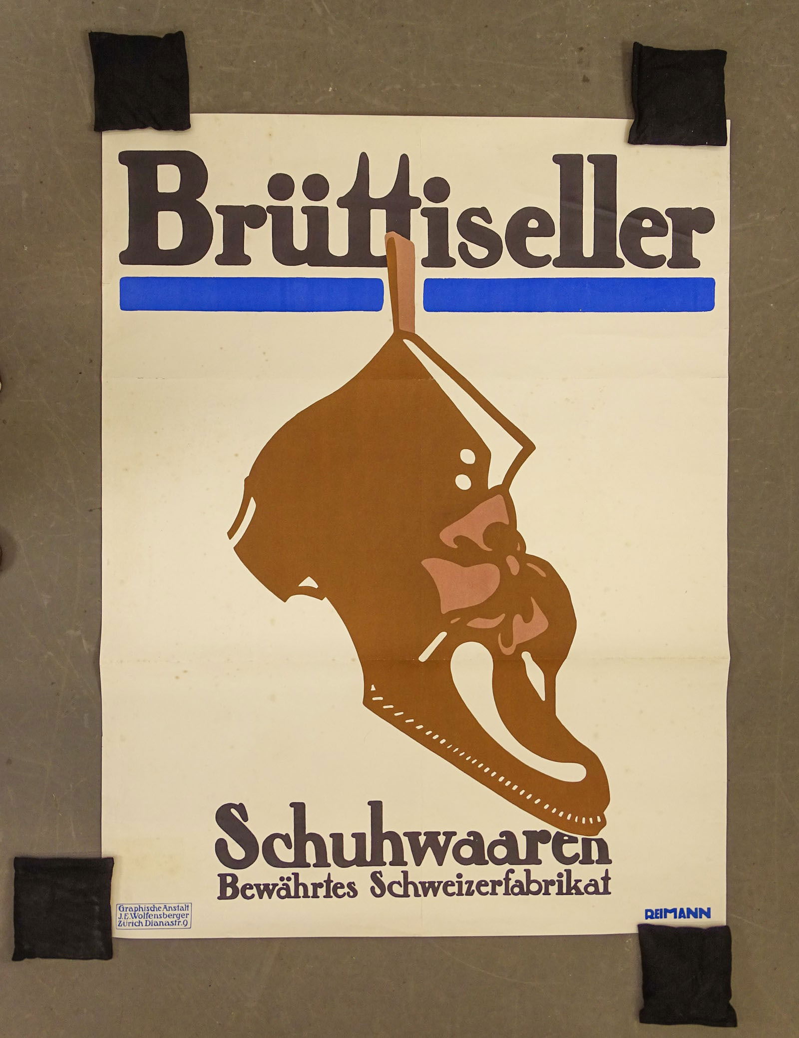 Vintage Swiss Ad Poster Shoes: Bruttiseller. Large genuine colorful advertising poster. Shoe factory. Anstalt J.E. Wolfensberger, Zurich. 49" x 37 1/2".