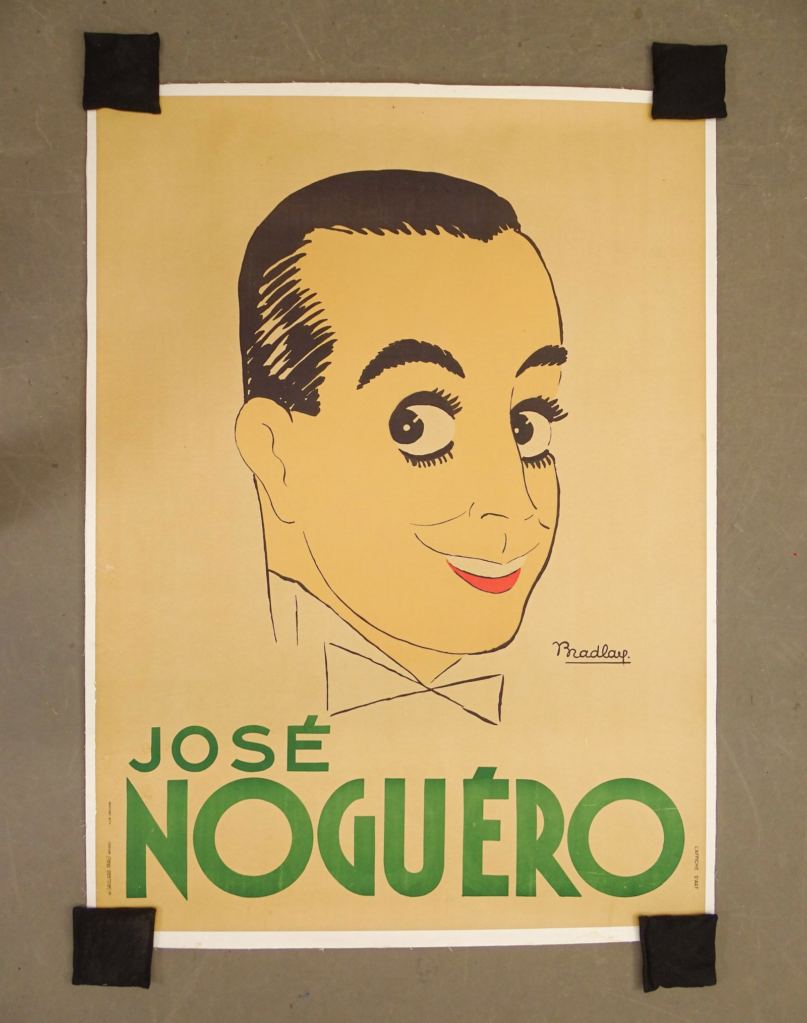 Vintage French Ad Poster Actor: Jose Noguero. Large genuine colorful advertising poster. French cinema, fashion, movies. Signed in matrix Bradlay. Gaillard, Paris. Mounted on linen. Overall 65" x 48".