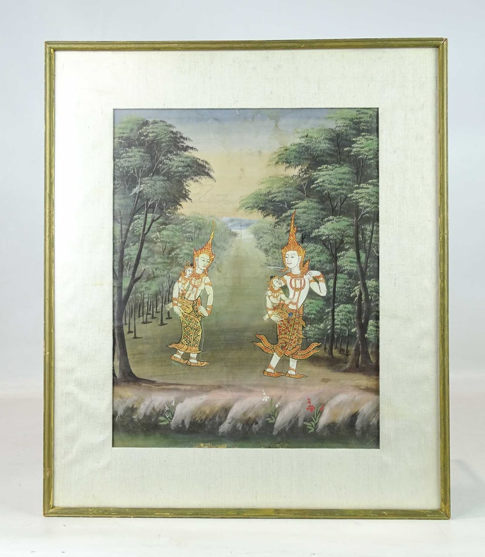 Thailand artwork: Mixed media vintage artwork. Thailand. Asian art. Sight 15 1/2" x 12 1/2", overall 22" x 18 1/2".