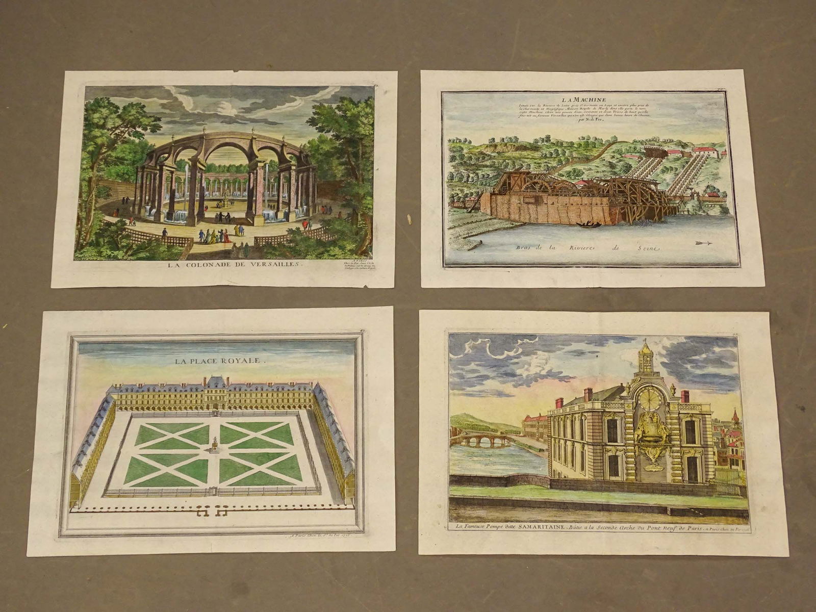 Versailles Antique Views Antique Print Set (4): Set of 4 views from L'Atlas Curieux, Nicholas de Fer, Paris: 1700-05. Hand-colored engravings. 10 3/4" x 15 1/4".
