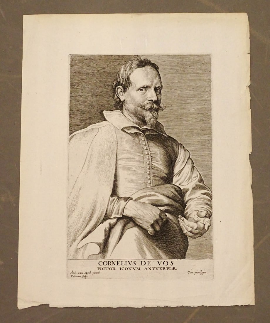 Artist Portrait Old Master Print: Portrait of Flemish artist Cornelis de Vos. Engraved by Lucas Vorsterman (1595-1675) after Anthony van Dyck (1599-1641). From "The Iconography." Flemish, 17th-18th Century. 13" x 10".