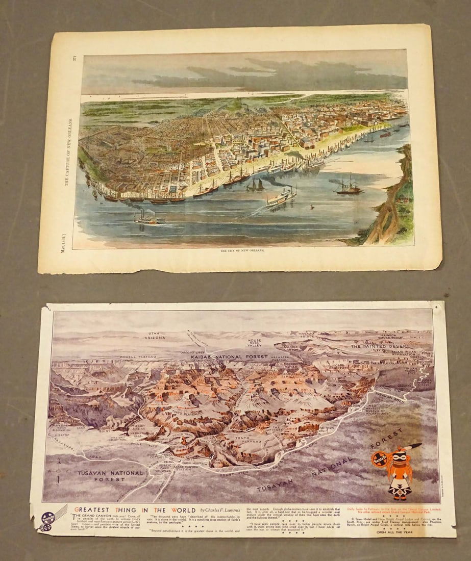 Grand Canyon and New Orleans prints: Greatest Thing in the World. Vintage Grand Canyon region view. Print in color, 1935. The City of New Orleans. Hand-colored woodblock print, Harpers Weekly, Pictorial History of the Civil War, 1862.