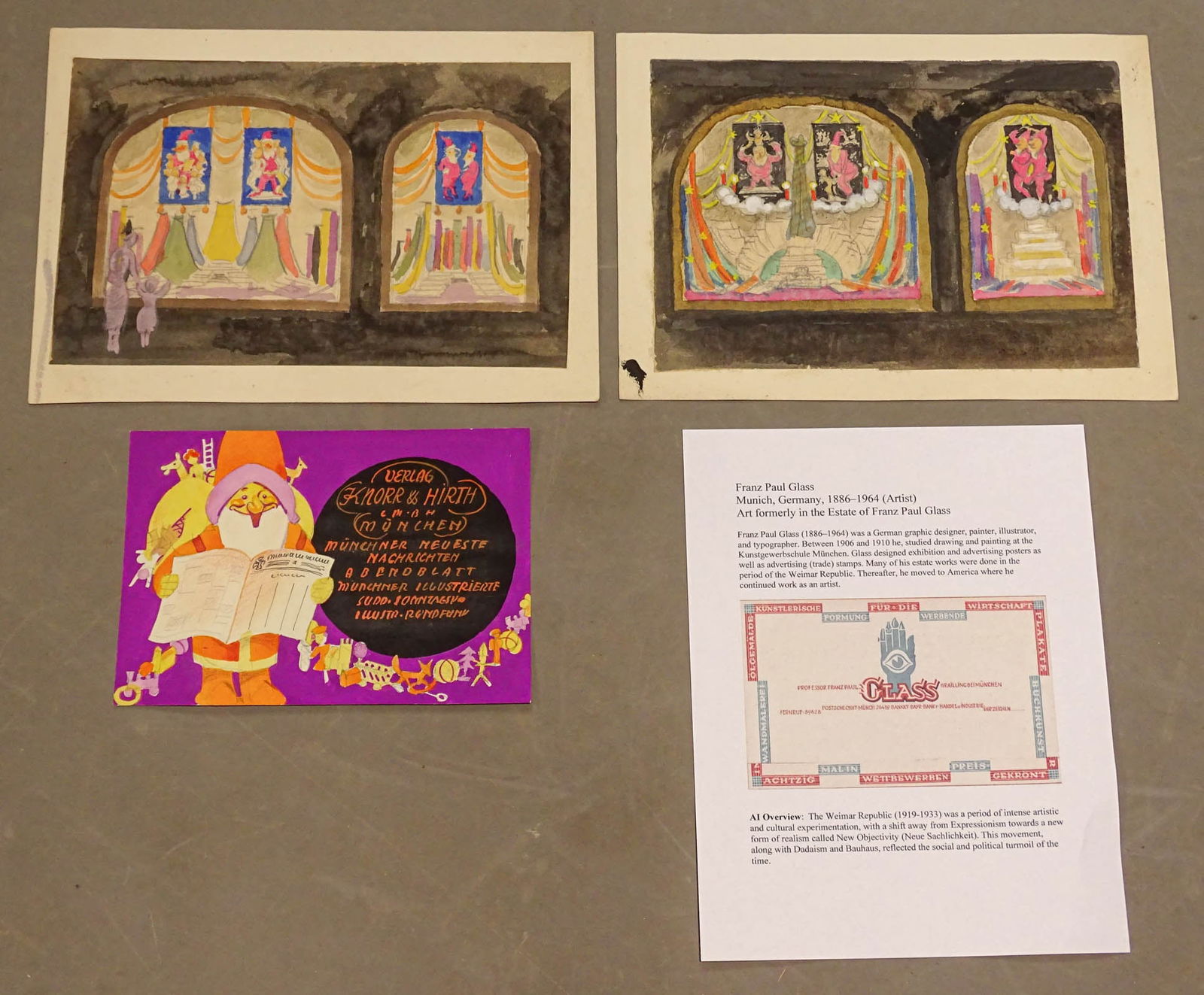 Franz Paul Glass (1886–1964). German Art: Pair of Christmas holiday window designs in Germany. Plus Holiday advertising design. Santa Claus figures. Weimar, Germany, c. 1930. Original paintings on paper by Franz Paul Glass from his estate.