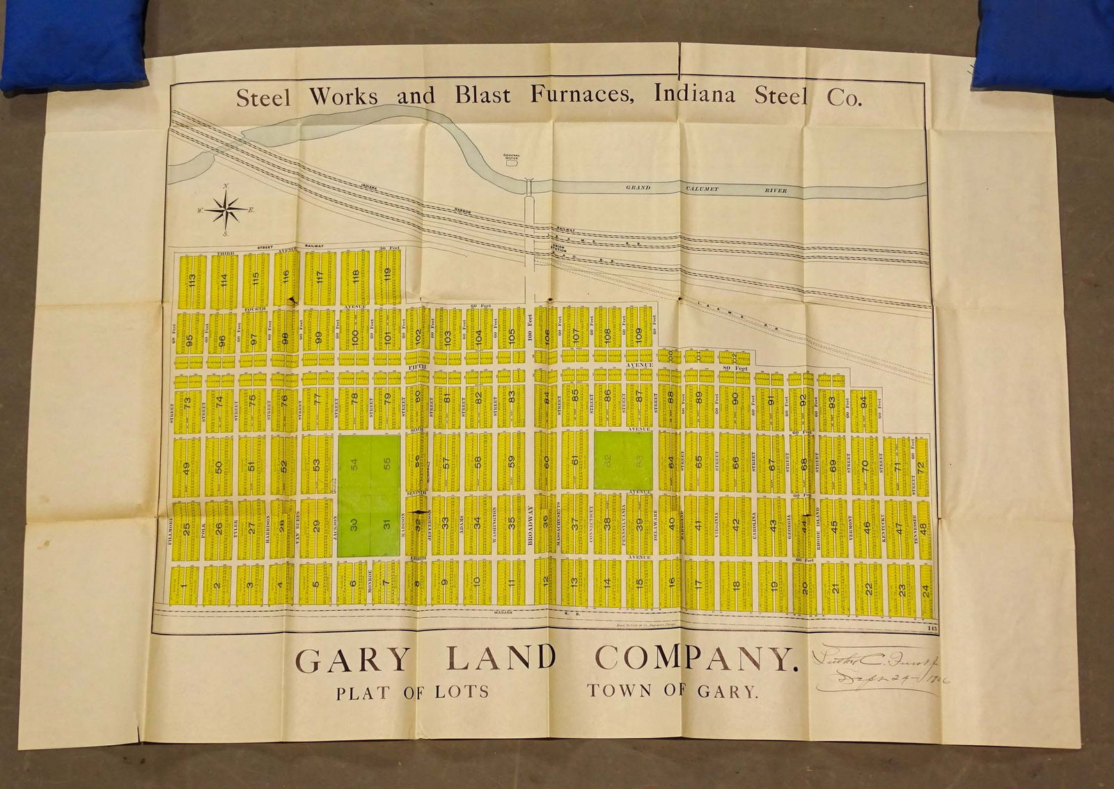 Gary Indiana Antique Map: Gary Land Company. Plat of Lots, Town of Gary. Folding map, including promotion of steel industry. Antique map, c. 1906.