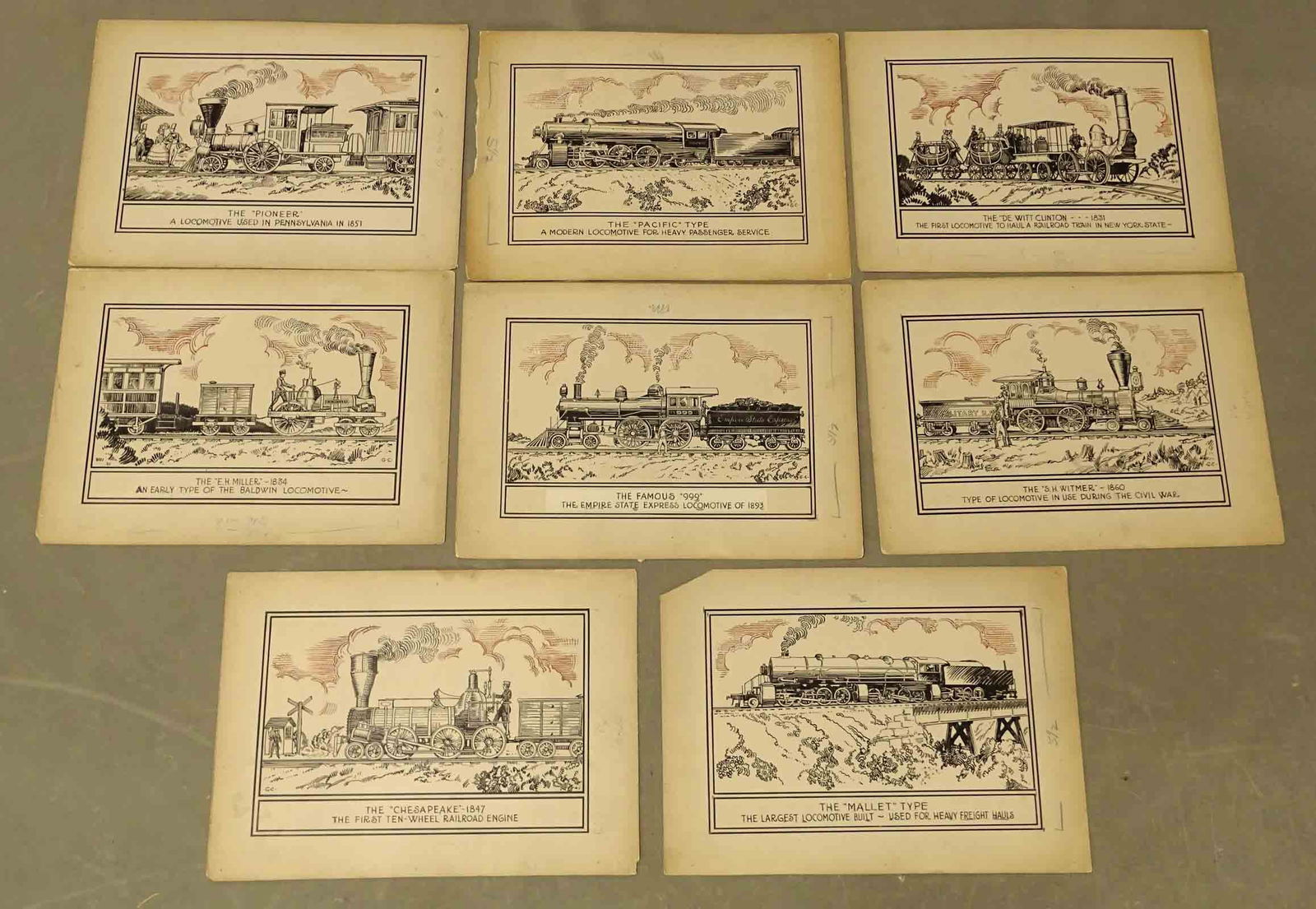 Railroad Trains Set of 8 Illustration Art: George L. Carlson (1887-1962). Set of 8 drawings of locomotives with other cars in the history of train development. Captions below. Variously signed G.C. and with artist's name and address stamp