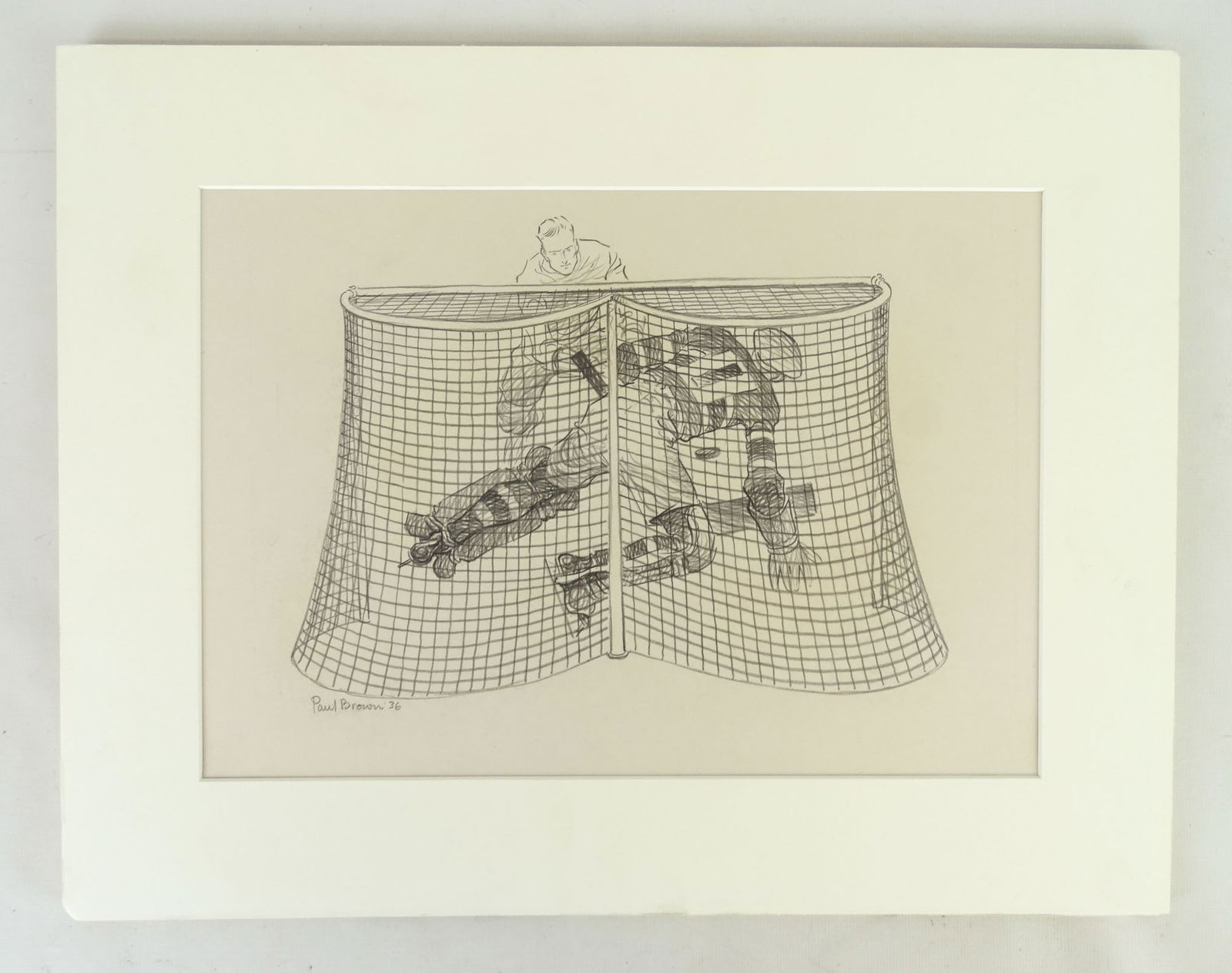Hockey Players by Paul Brown: Paul Brown (1893-1958), Hockey Goalkeeper, American: 1936, Signed ll Paul Brown ’36. Pencil on card. 11" x 16 1/2".