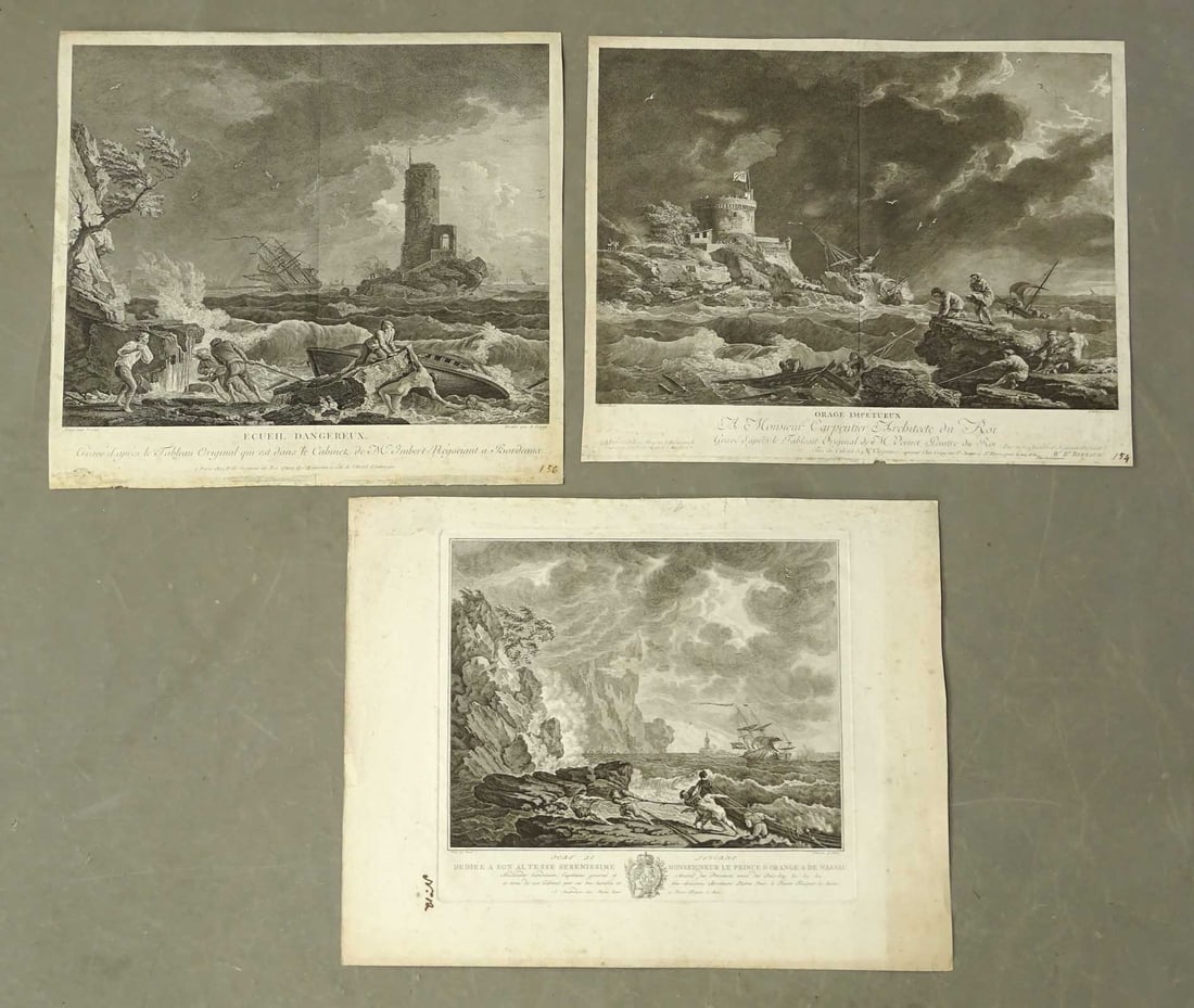 Shipwreck Antique Prints (3): Marine maritime boat engravings showing shipwrecks. Orage Impetueux and L'Oueil Dangerux pair after Joseph Vernet. Paris, c. 1770. With another similar by Vernet. 3 prints. 15" x 19".