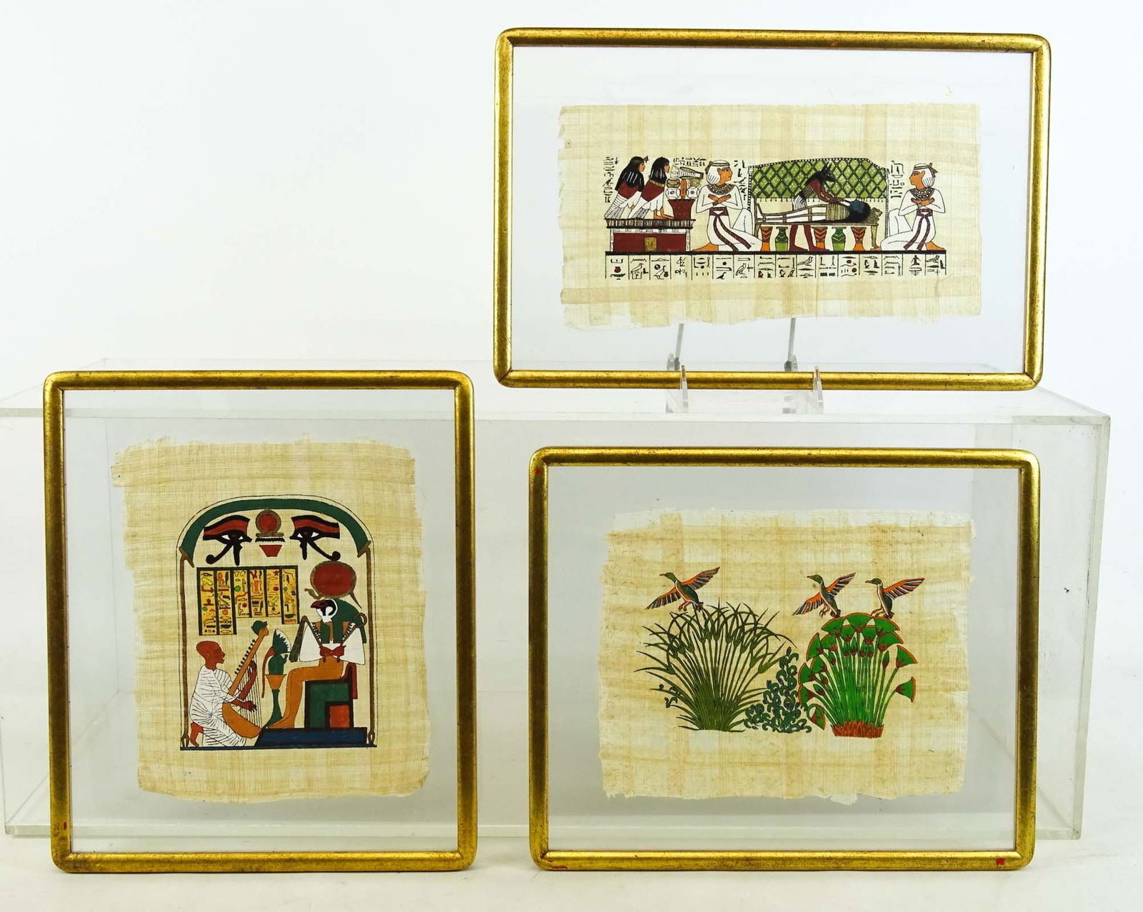 Egyptian Art and Design Pictures (3): 3 paintings, Egyptian ancient images on papyrus, 20th Century. Largest frame. 10" x 15".