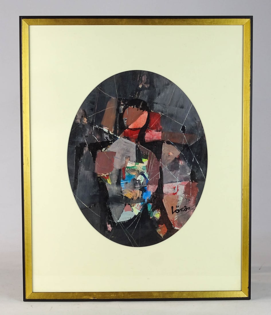 Stefan Lokos (1913-1994): Abstract oil painting by Stefan Lokos. Signed lower right. Hungarian artist. Sight 13" x 10", overall 21" x 17".