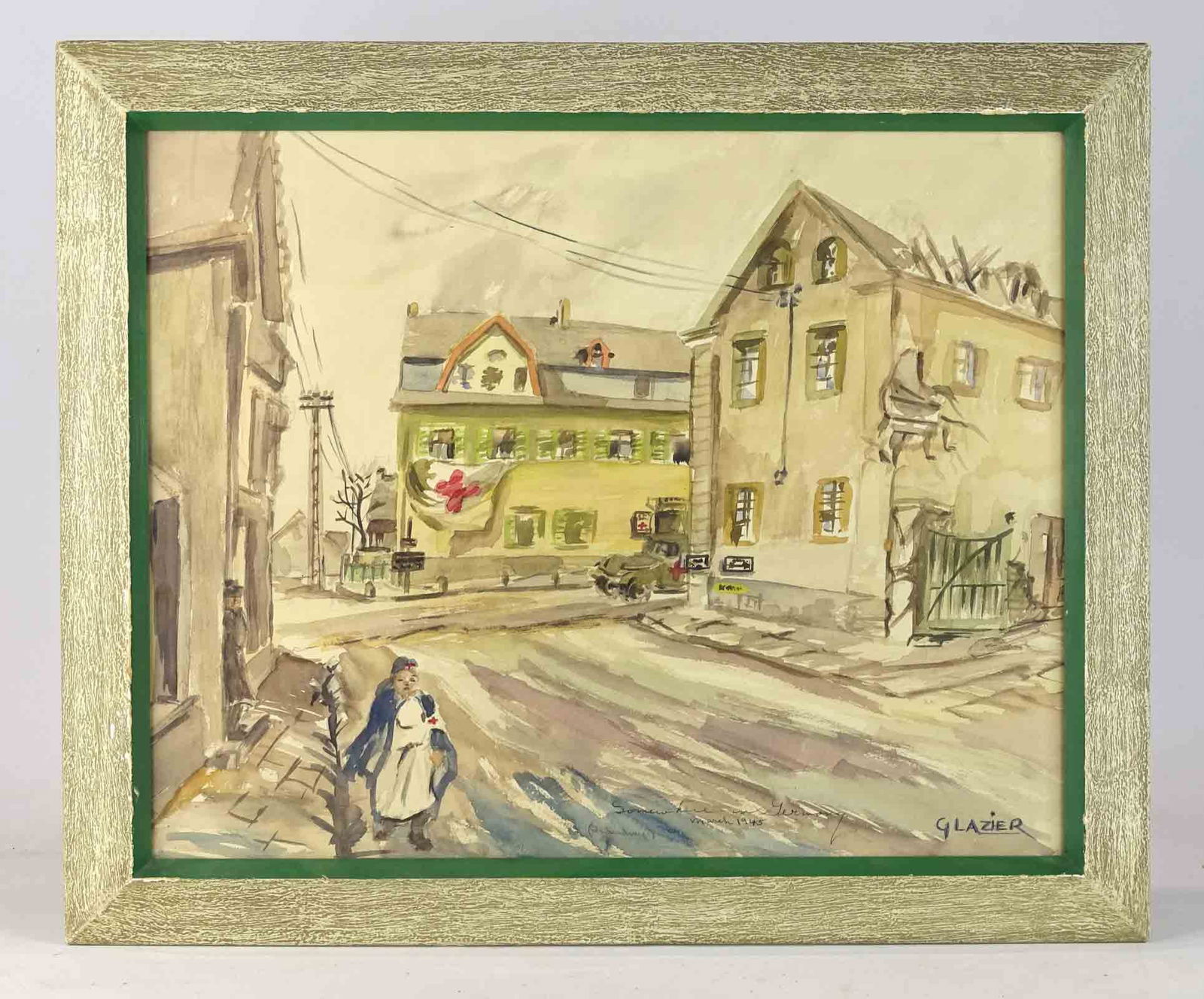 German Town World War II Watercolor: Town watercolor view near end of WWII titled, dated, signed lower margin: Somewhere in Germany, March 1945, Glazier. Red cross banner on building in background. Sight 13 1/2" x 17", overall 17" x 20".