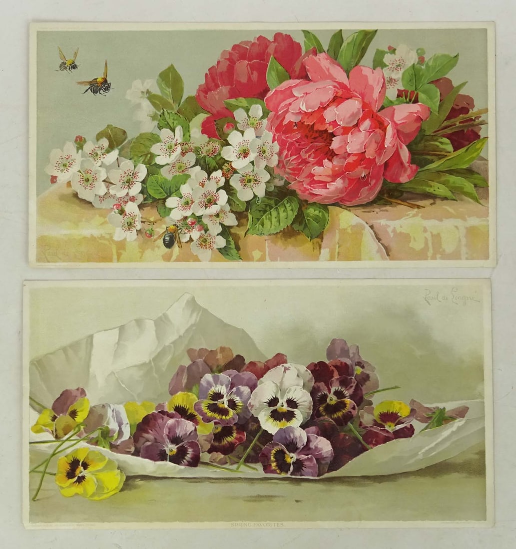 Paul de Longpre (1855-1911): Pair of antique chromolithograph botanical prints of still life flower compositions designed by Paul de Longpre. Pansies. Apple blossoms, peonies, and bees. Chicago: 1895. 9" x 16 1/2".