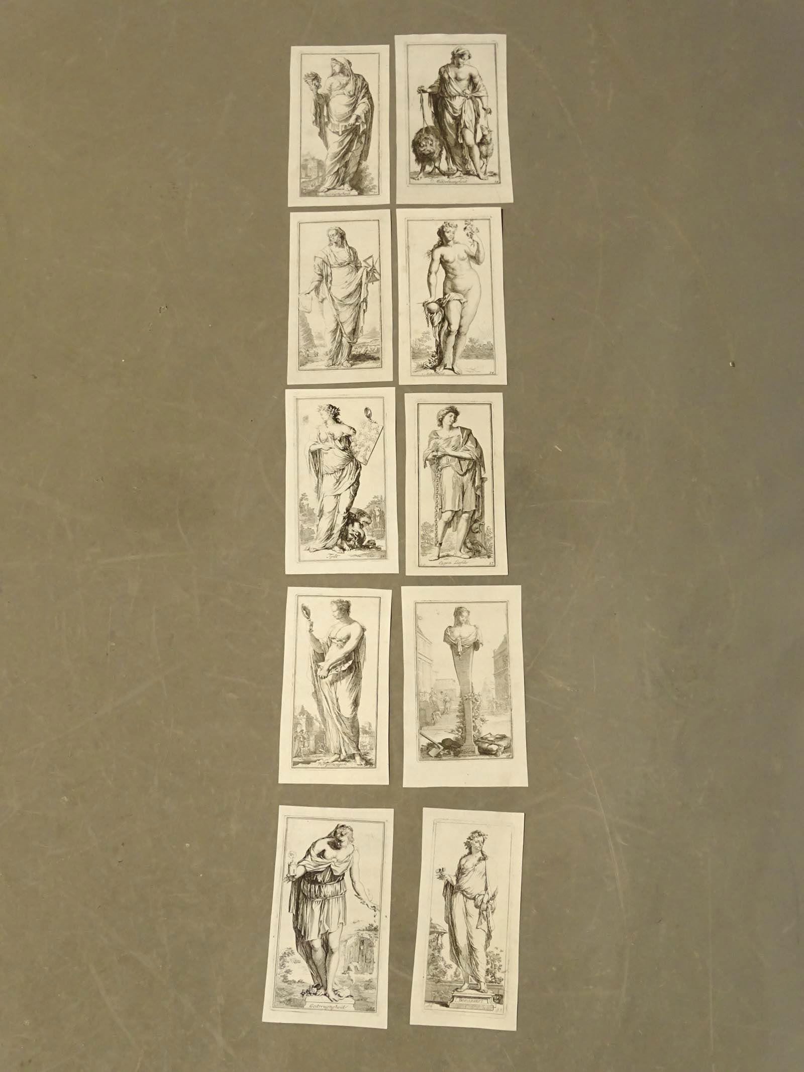 Arnold Houbraken (1660-1719) Old Masters (11): Group of 11 Old Master Dutch etchings by Arnold Houbraken, early 18th Century. Personified allegorical figures. Generally titled, numbered, some initialed A.H. Largest 8" x 5".