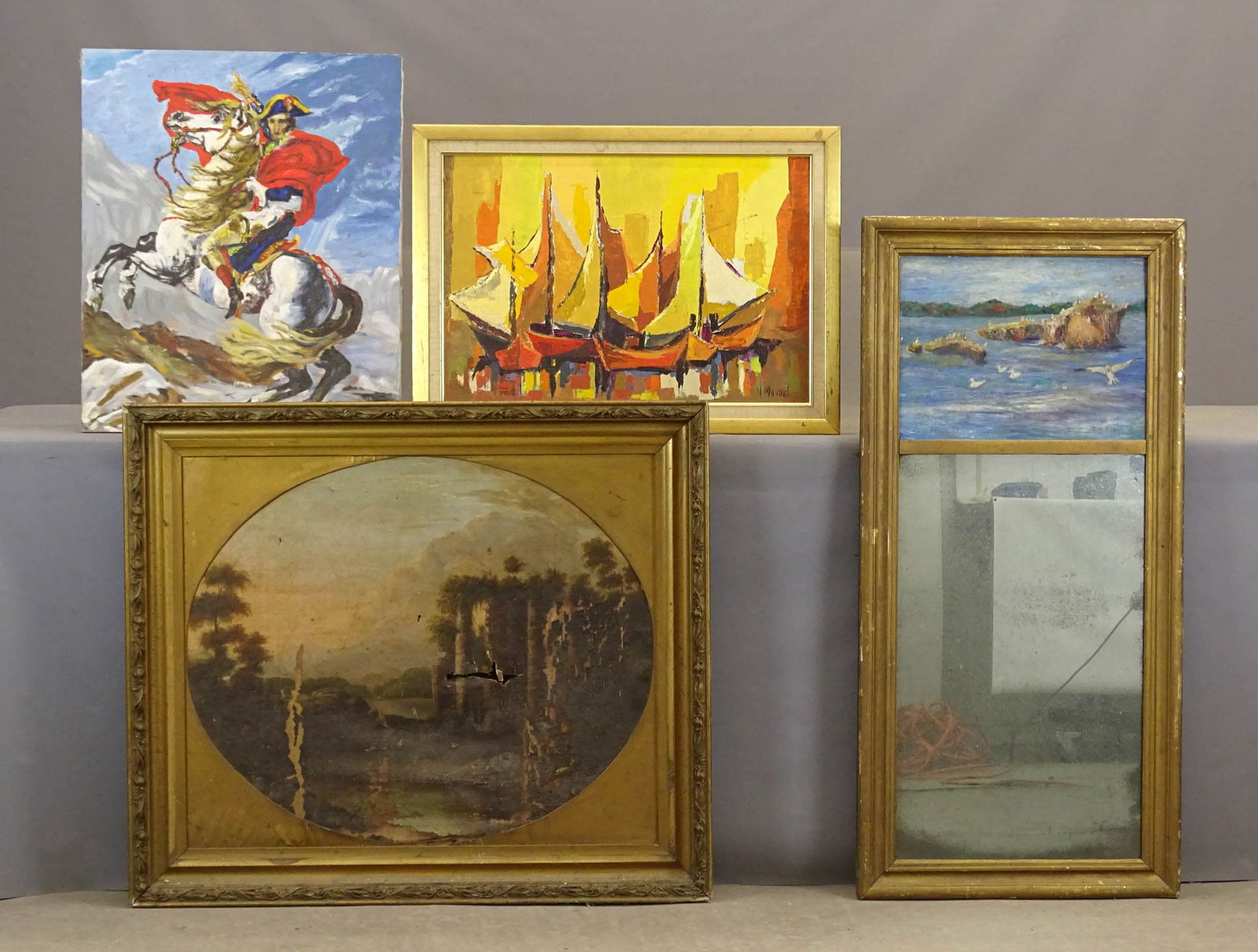 Artwork Lot: Artwork lot including: Painting 19th c. landscape, as is (overall 31" x 36"), portrait of Washington on horseback, signed, oil on canvas (overall 24" x 20"), boats signed M. Manuel (oil on panel, over