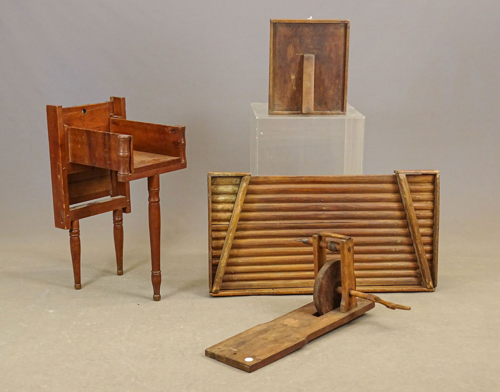 Primitive Lot: Misc. lot including 19th c. 3 leg sorting table 17" x 13", 27" ht., scrub bench 34" x 18", apple corer 25 1/2" x 8", 12" ht. wedge board 11 1/2" x 13 3/4".