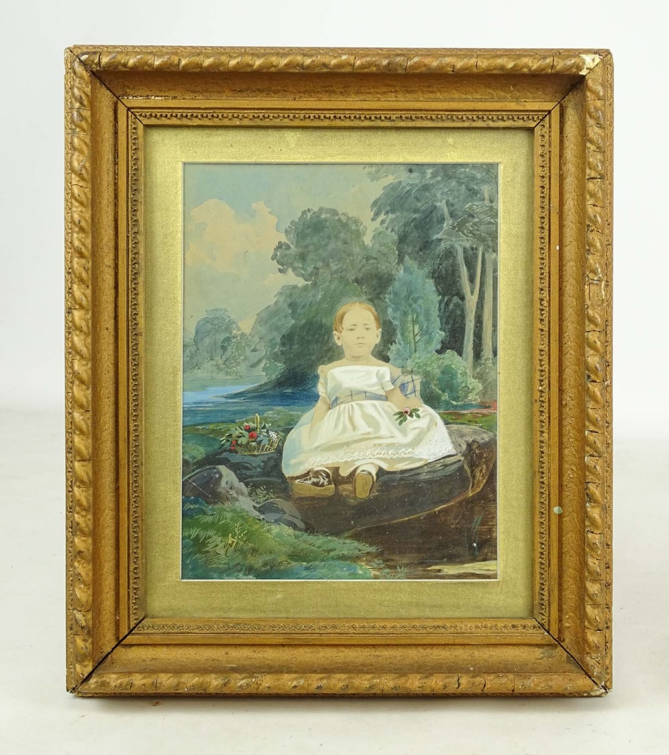 Painting: 19th c. Watercolor of a Child: Painting: 19th c. watercolor of a child seated in landscape. Overall in frame 12" x 10".
