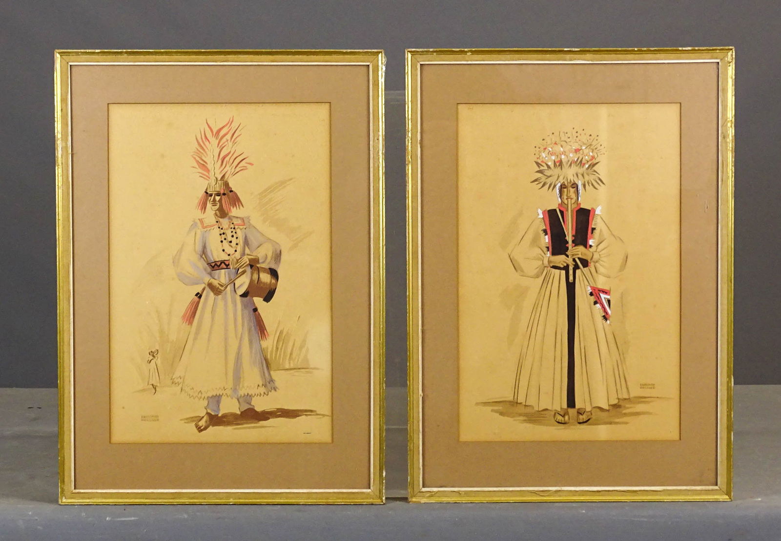 Edward Halouze (20th Century): Edward Halouze (20th Century), (2) original gouaches or watercolors. From the book "Costumes of South America". Overall in frames 18" x 13".