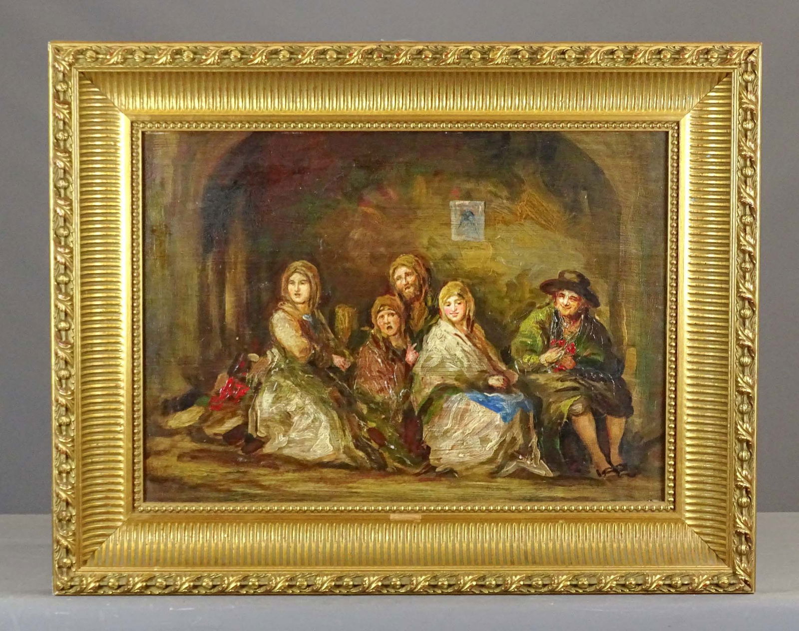 Painting: Continental Interior Subject with Family: Painting: Continental interior subject with family. Overall 35" x 27".