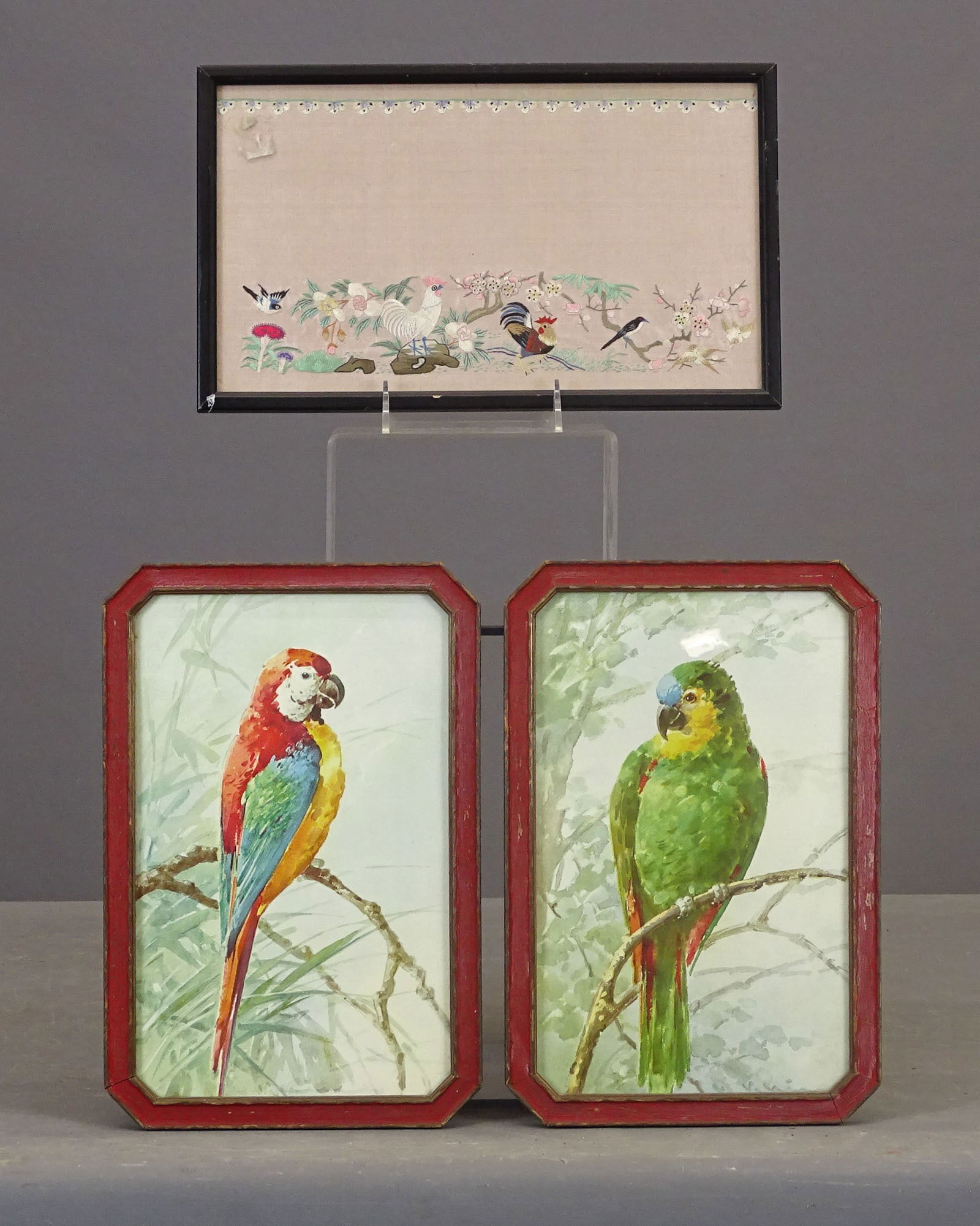 Artwork Lot: Artwork lot including: Pair of watercolor Parrots (overall in frames 12" x 8"), silk needlework with birds and chickens (overall in frame 8" x 12 1/2".