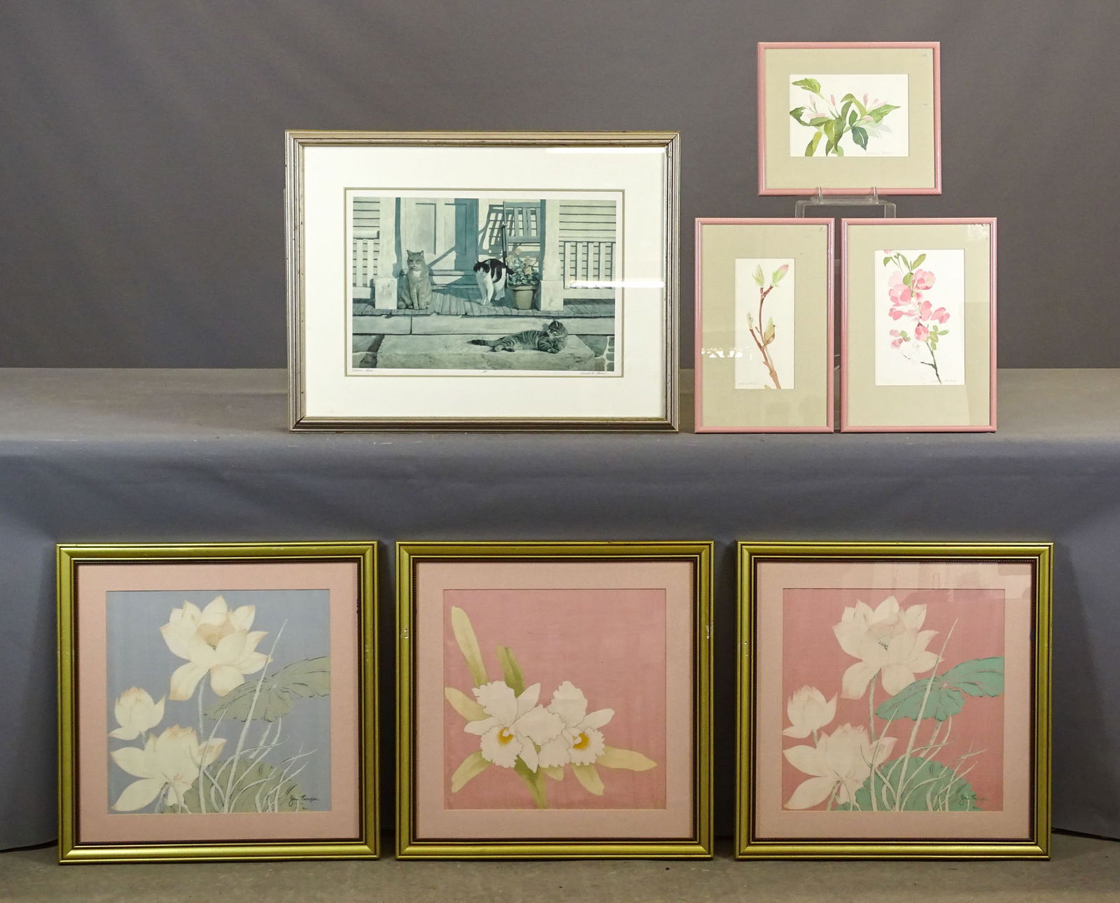 Artwork Lot: Artwork lot including: (3) fabric floral prints marked Jim Thompson (overall in frame 21 1/2" x 21 1/2"), pencil signed lithograph by Gerald L. Lubeck of Cats (overall in frame 20" x 26"), (3)