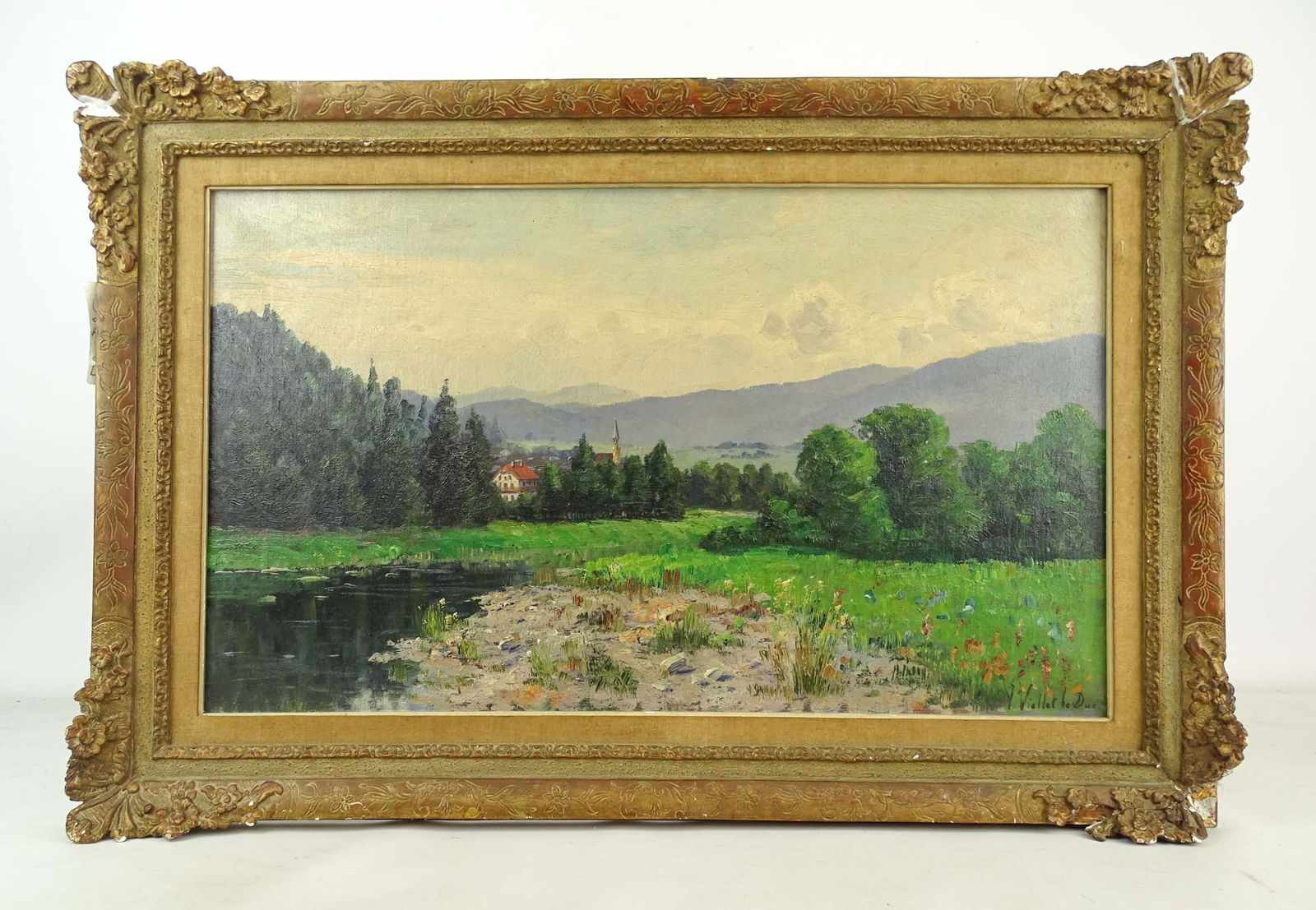 Victor Viollet-le-Duc (1848-1901): Painting: Victor Viollet-le-Duc (1848-1901), landscape, oil on canvas. Signed LRC. 14" x 23 1/2", overall 18 1/2" x 28". Frame as is.