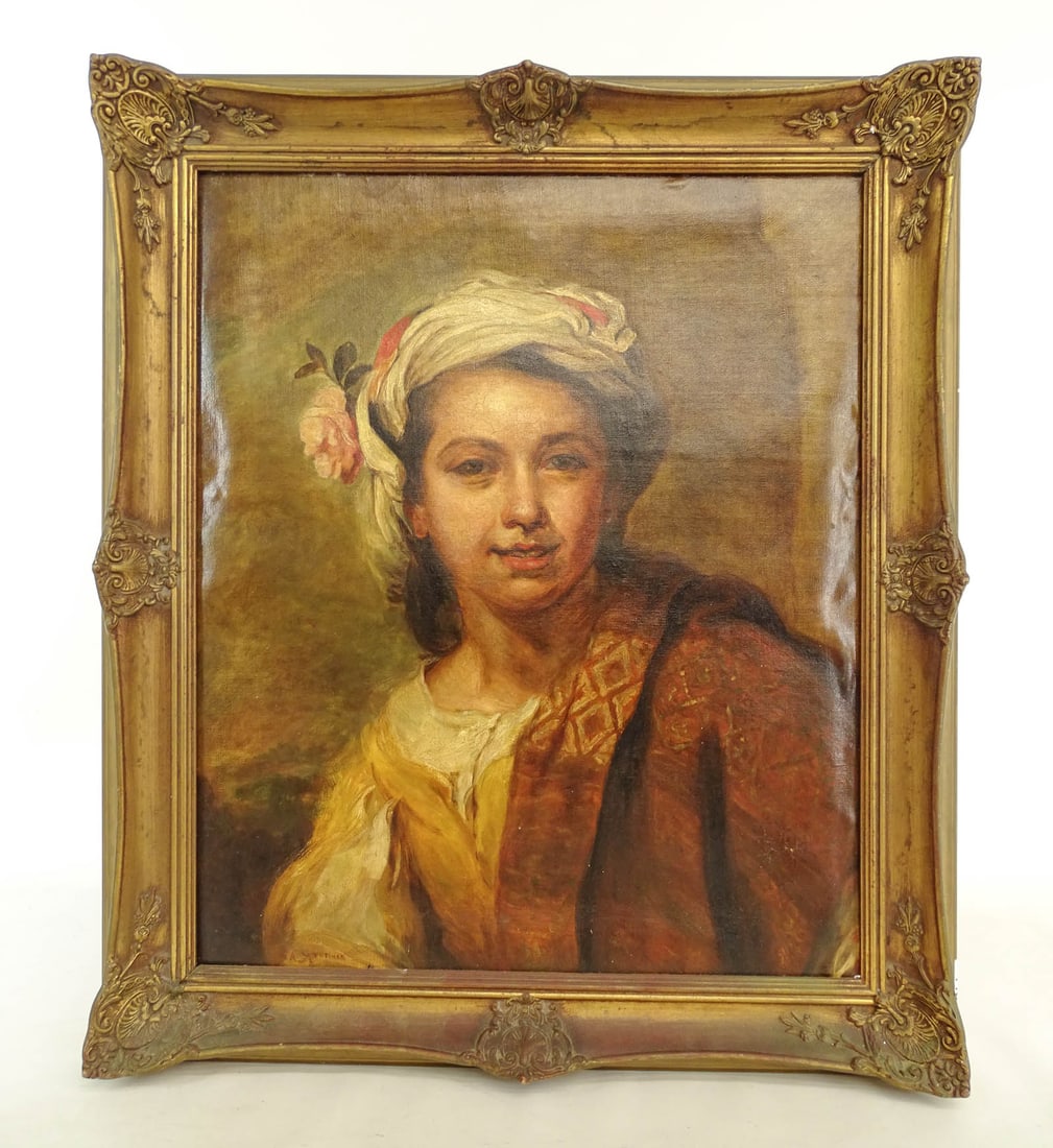 G.A.W. Mortimer (19th/20th Century): G.A.W. (19th/20th Century),"The Flower Girl" (after Murillo), oil on canvas. 24 1/2" x 20 1/2", overall 29" x 25".