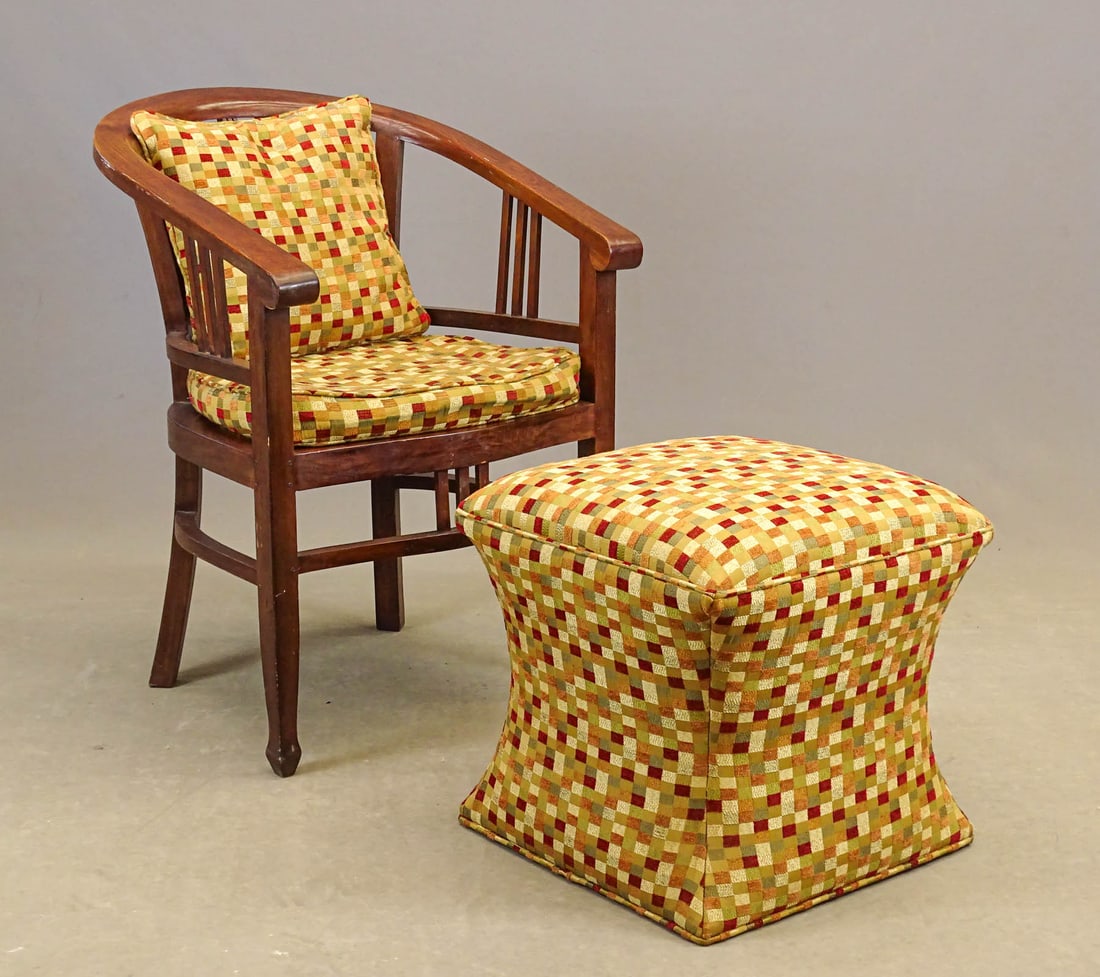 Vintage Office Chair: Vintage mahogany office chair with cushions. 24" x 19" x 33" Ht., along with ottoman (18" x 18" x 18").