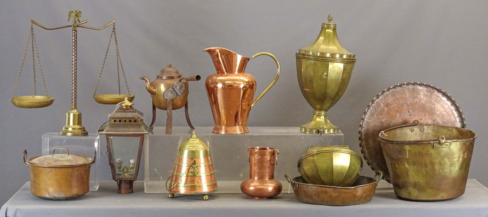 Metalware and Lantern Lot: Lot including: Lantern (11" x 11" x 18"), brass Lavabo (2) parts, 33" overall L., copper teapot on legs (14" Ht.), copper bowl (19" D.), copper tray (21" L.), copper pitcher (17" Ht.), brass and