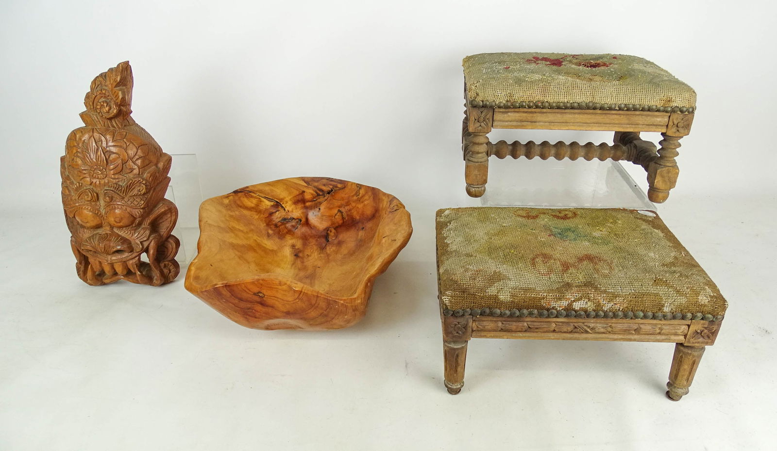 Burl Bowl and Misc. Lot: Lot including artisan made burl bowl (16" x 14" x 5"), two 19th c. Continental footstools (13" x 9 1/2" x 7"), carved wooden mask (15" L.).