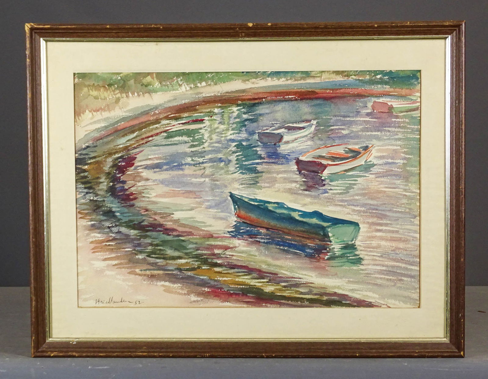 Isaac Friedlander (N.Y. 1890-1968): Isaac Friedlander (N.Y. 1890-1968), watercolor, boats, signed LLC. Overall in frame 20" x 26".