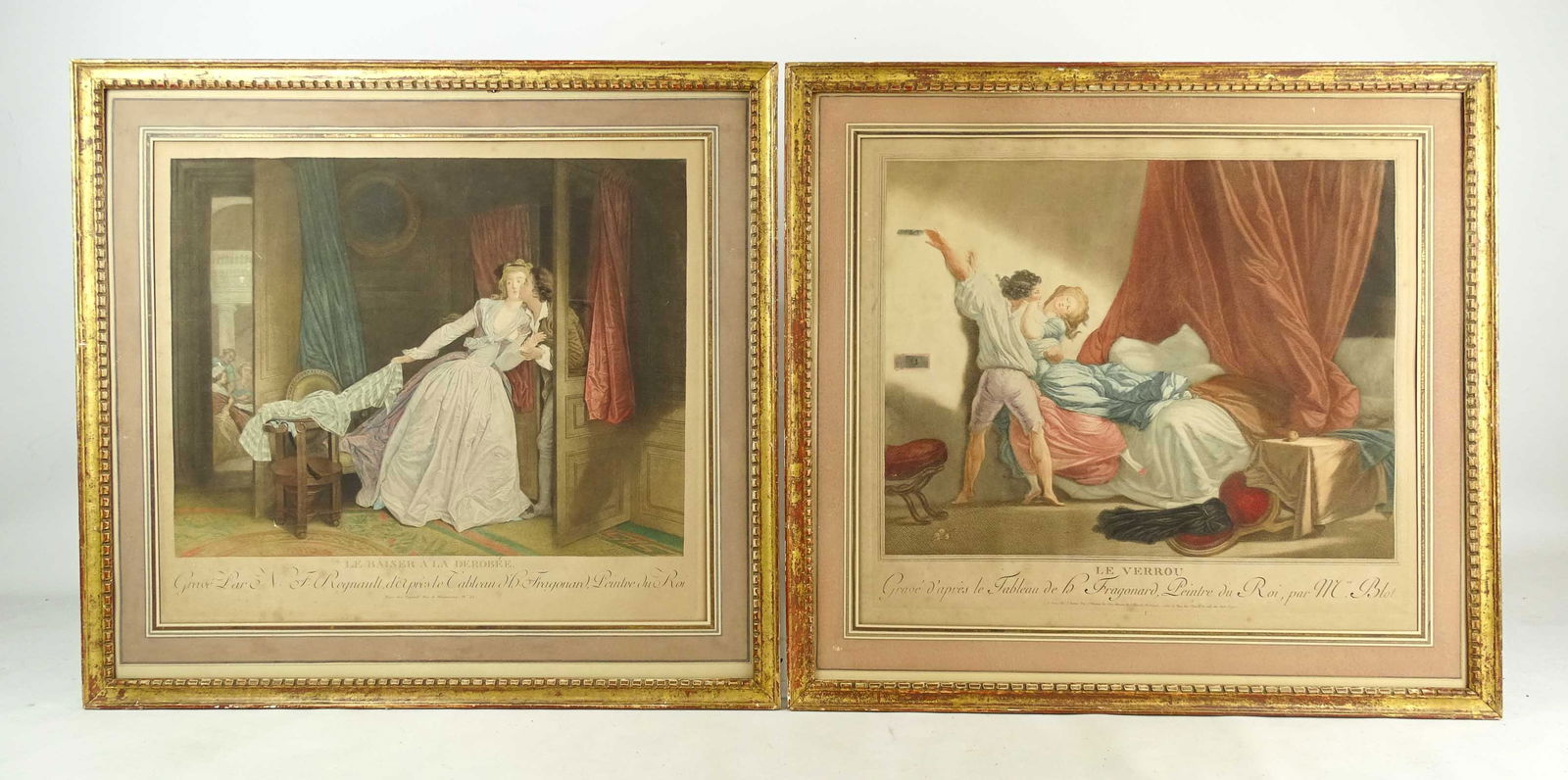 Pair 19th c. French Prints: Pair of 19th c. French colored prints. No glass. Overall in frames 23" x 24".
