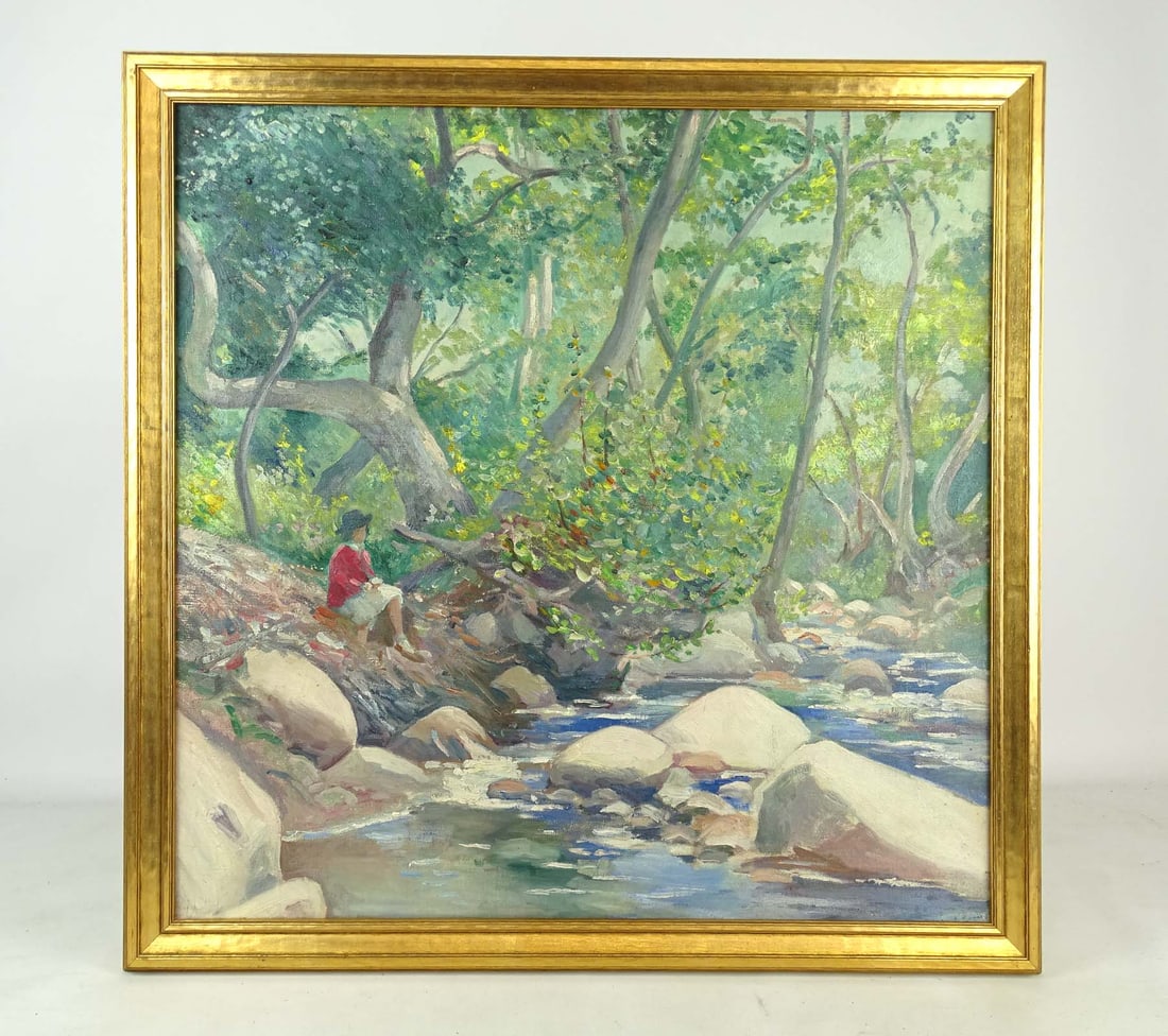 Painting: Woman Seated on Bank of Water: Painting: Woman seated on bank of water. Marked on stretcher and canvas verso "Everly". Oil on canvas. Overall in frame 26" x 27".