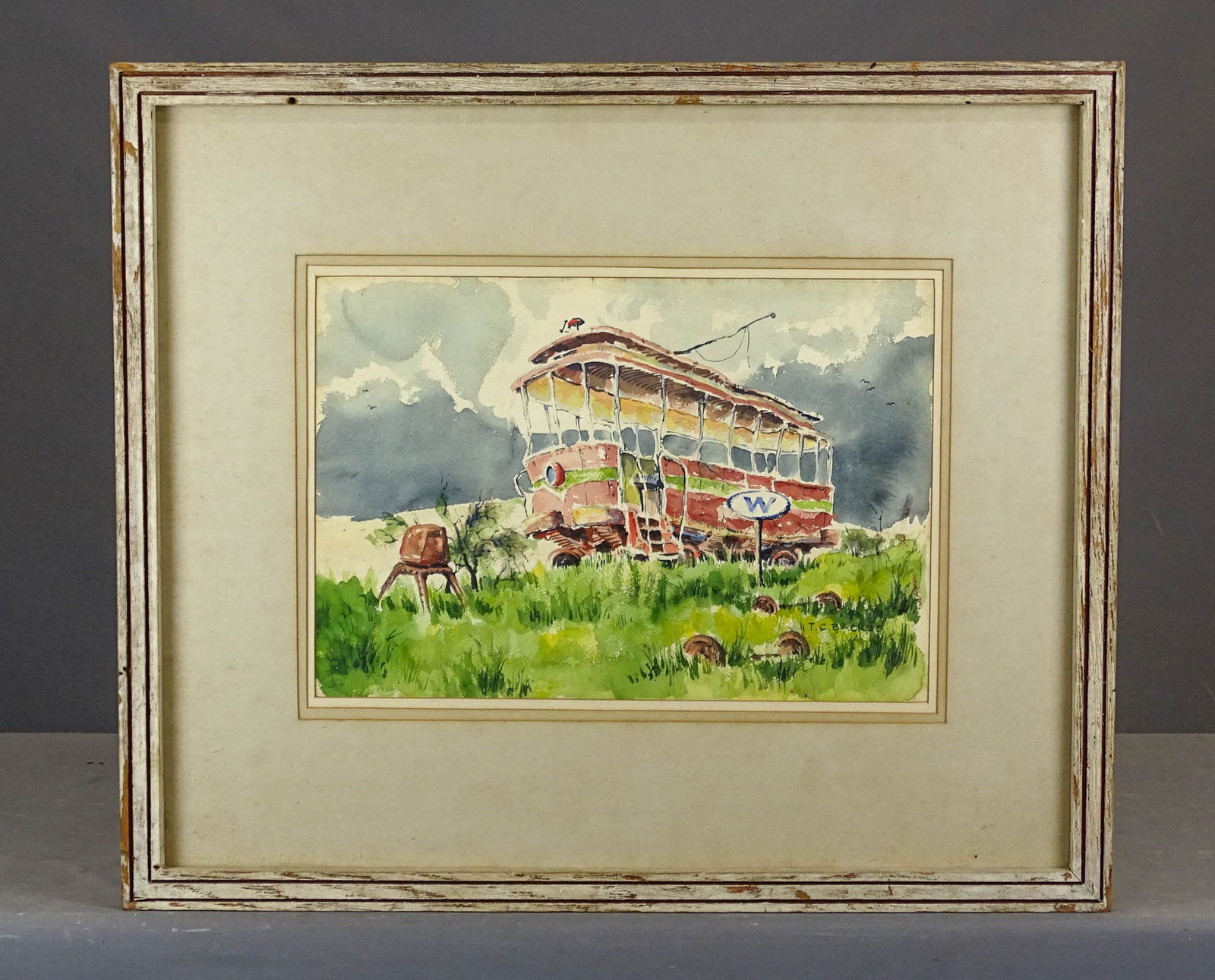 T.C. Backes (20th Century): T.C. Backes (20th Century), watercolor of abandoned street car. Ocerall in frame 27" x 32".