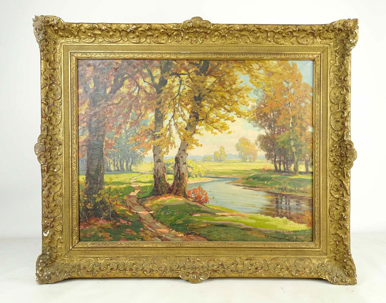 P. Grabwin (20th Century): Painting: P. Grabwin (20th Century), landscape, oil on canvas. Overall in frame 27" x 32".
