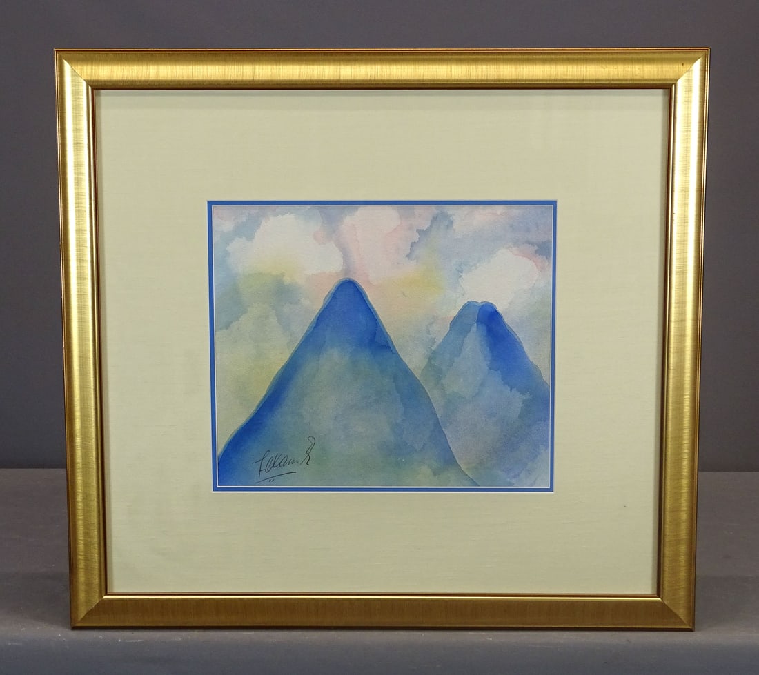 Watercolor of Mountains: Watercolor of mountains. Signed indistinctly LLC. Overal in frame 29" x 31".